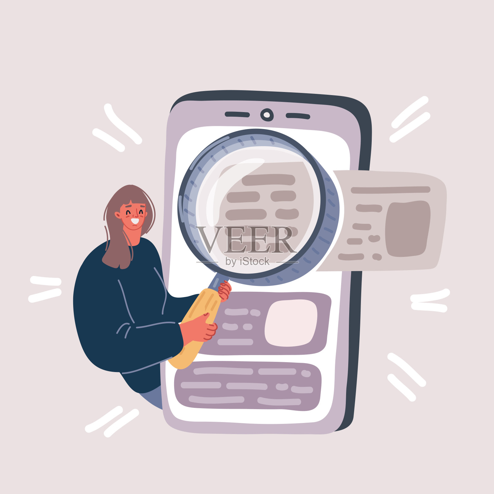 矢量插图的女人拿着放大镜看着她的屏幕手机。搜索概念。插画图片素材