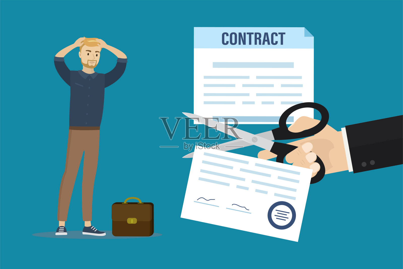 老板或企业家的手用剪刀剪下商业合同。拒绝合作。震惊的商业伙伴或员工。解除工作合同。打破伙伴关系。插画图片素材