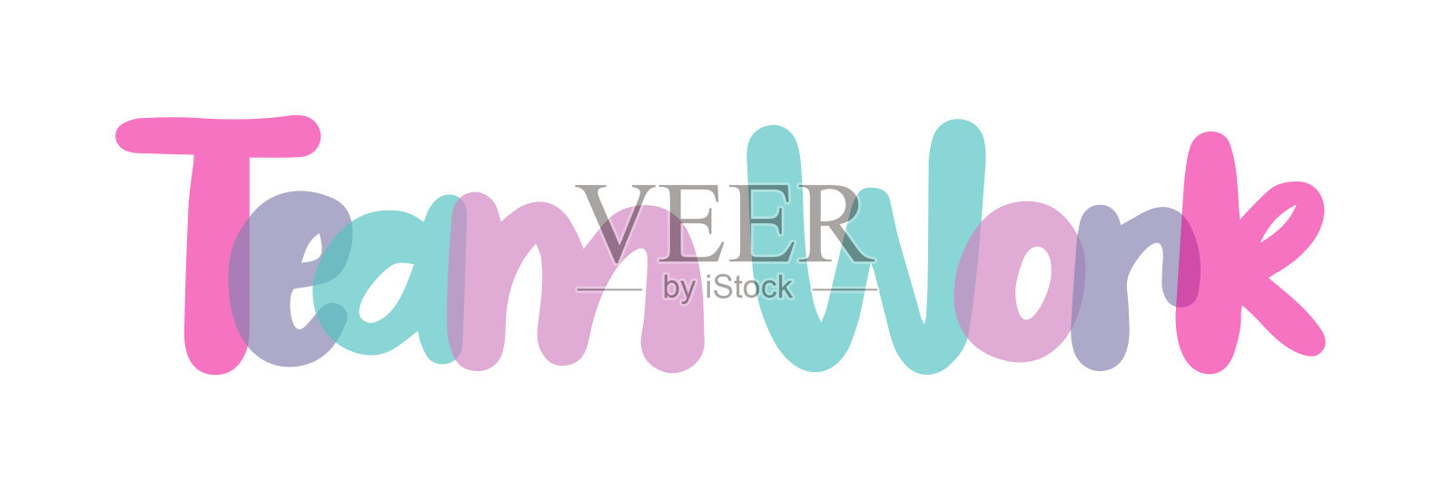 团队工作标志标题，排版，创意字体，粉红色，紫色，蓝色，丁香色组合在白色背景，贴纸，标签。透明的刻字。词插画图片素材