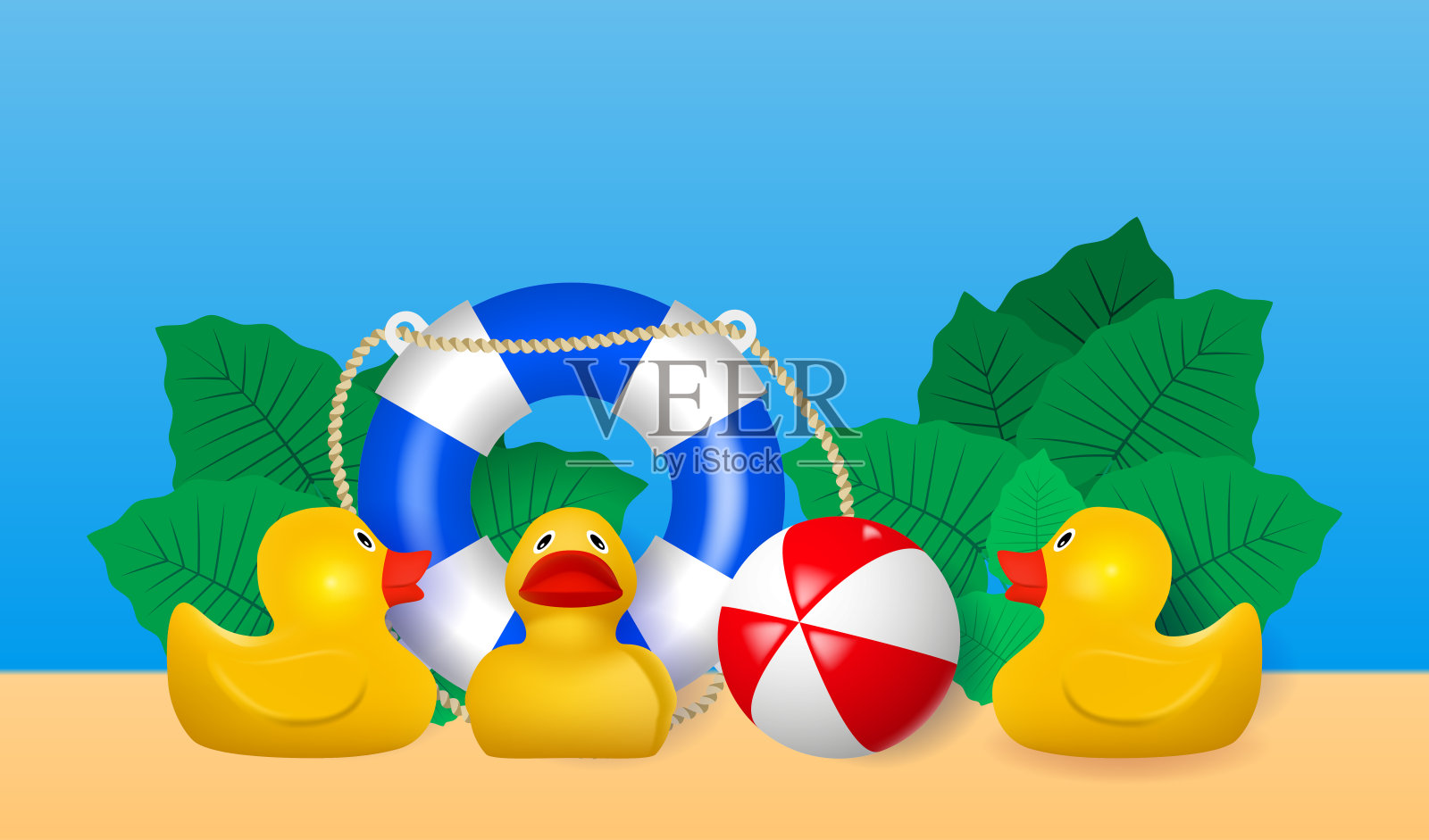 夏天的海报。沙滩上的橡皮鸭和充气球插画图片素材