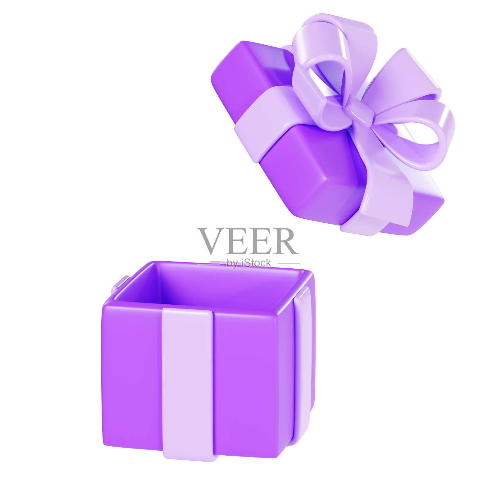 打开紫色礼盒3d渲染插图-惊喜包与光滑的丝带和弓和飞行帽。照片摄影图片