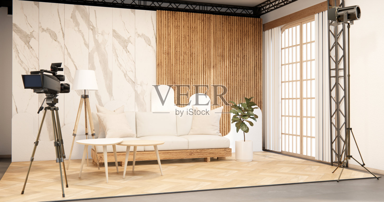 房间热带内饰上的日本沙发。三维渲染照片摄影图片