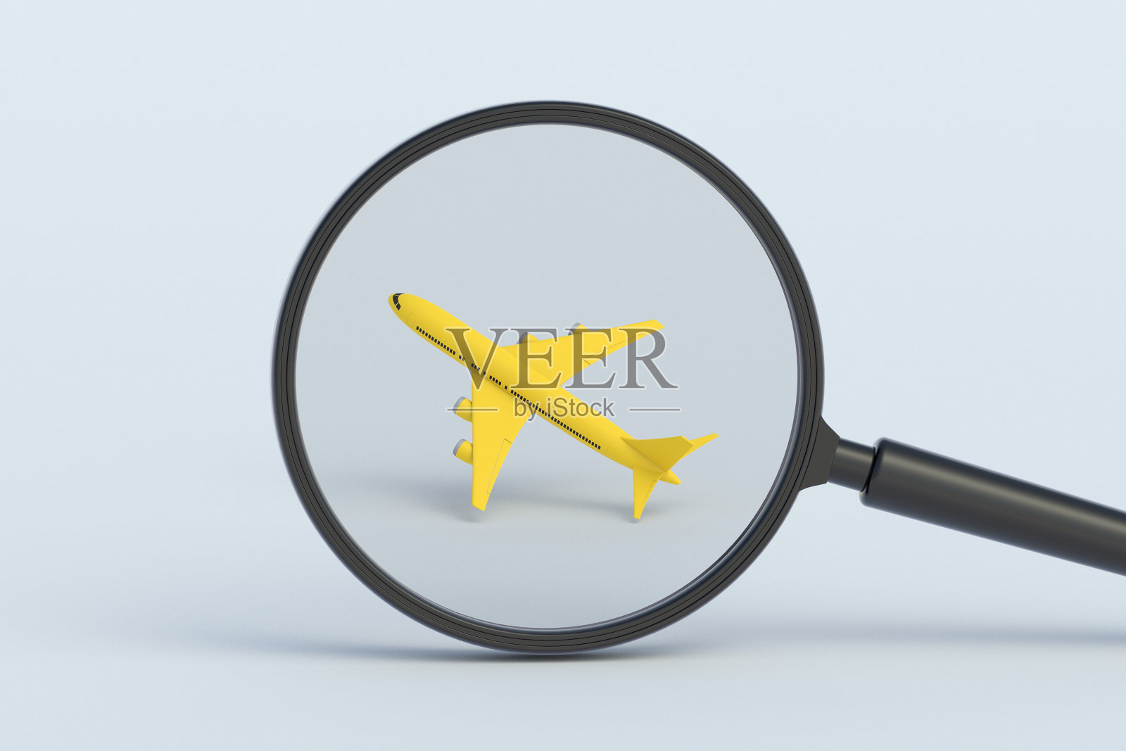 放大镜后面的飞机。三维渲染照片摄影图片