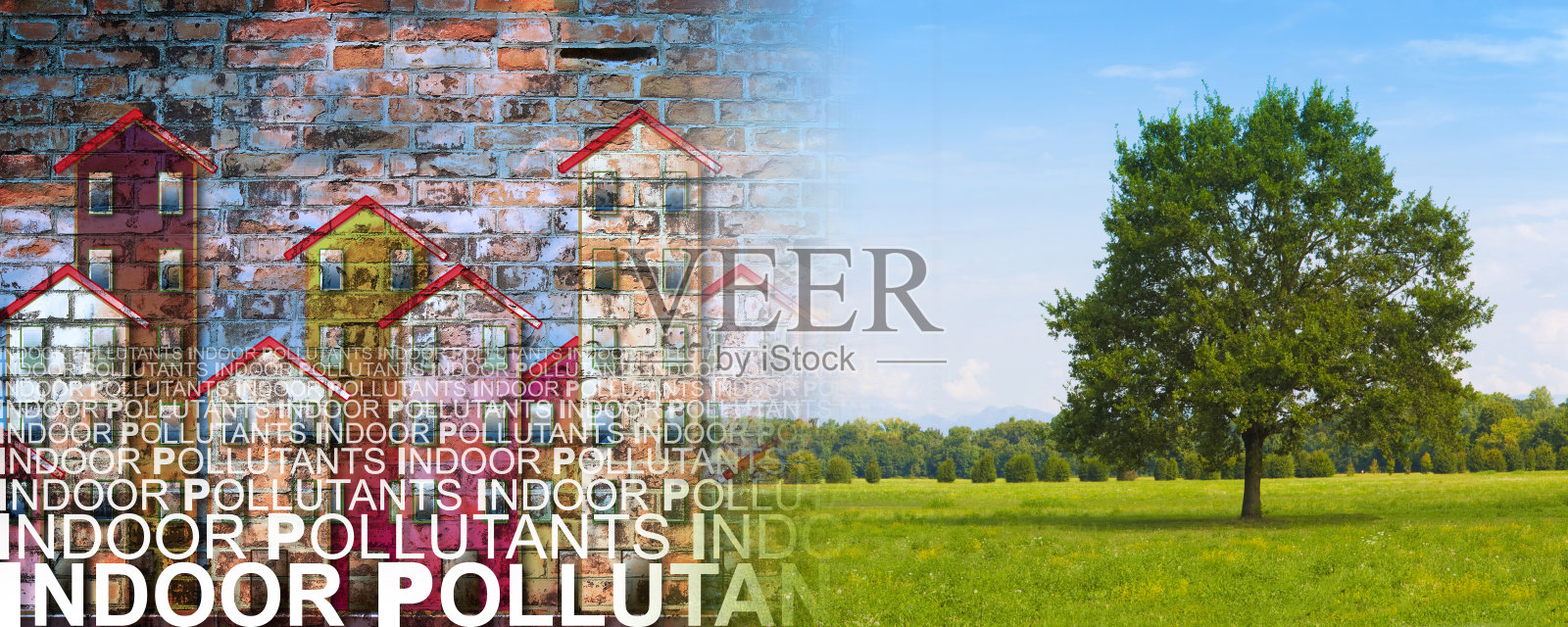 室内空气污染物与建筑物背景的概念图像，绿色的田野里有一棵孤零零的树照片摄影图片