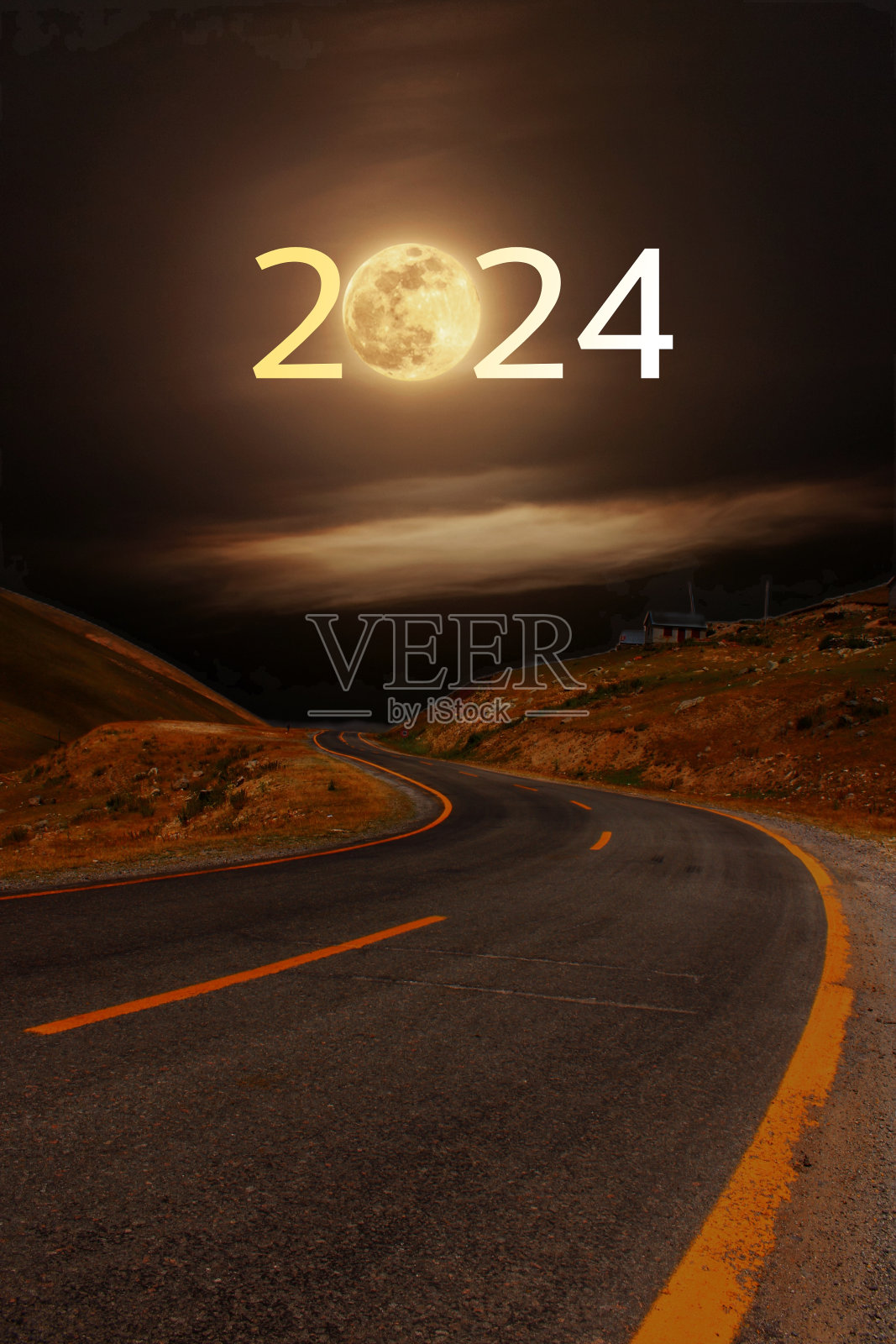 路标在路上。2024年新年与月亮相伴。照片摄影图片