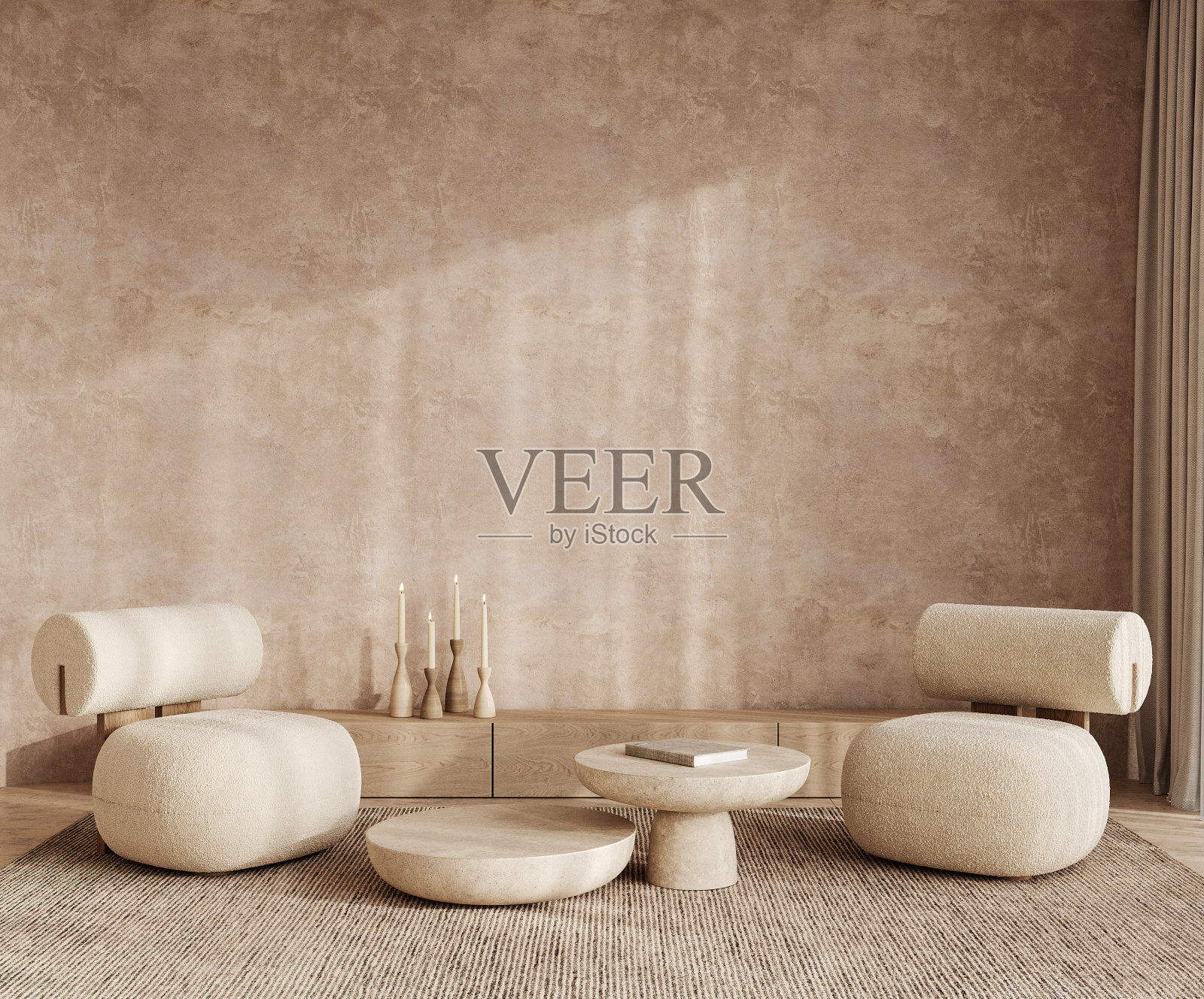 当代经典白色米色室内与家具和装饰地毯背景。轻便的现代日式扶手椅。3d渲染插图模型。高质量3d插图照片摄影图片