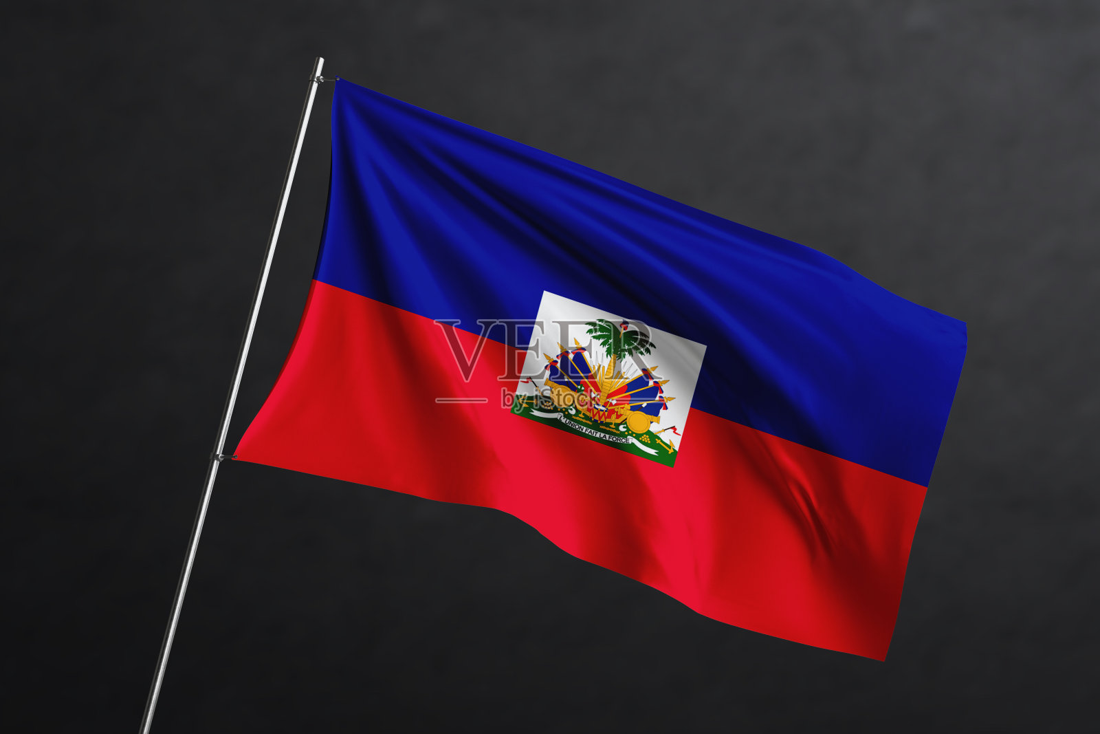 三维挥舞的旗帜设计。黑底海地国旗。照片摄影图片