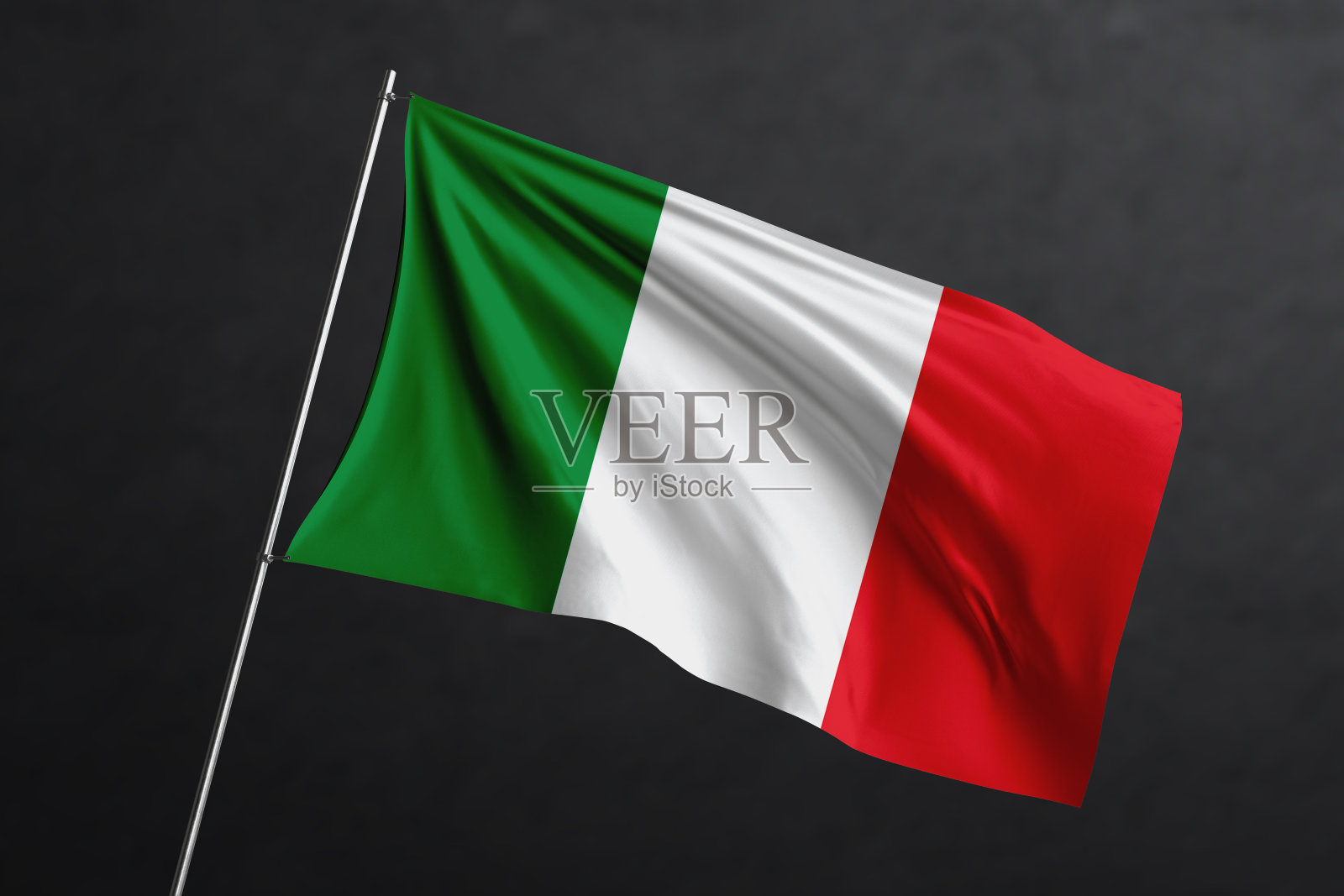 三维挥舞的旗帜设计。黑色背景的意大利国旗。照片摄影图片