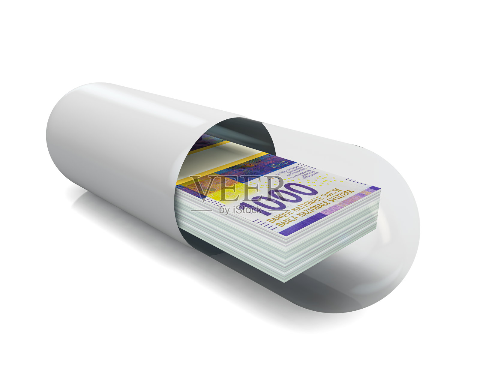 瑞士法郎装在胶囊里，药丸里。照片摄影图片