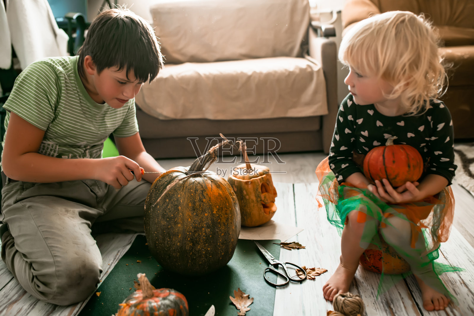 万圣节的乐趣:孩子们兴高采烈地雕刻南瓜，准备玩“不给糖就捣蛋”。照片摄影图片