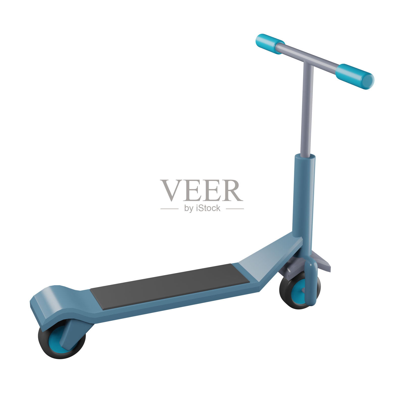 3D插图渲染蓝色推滑板车儿童模型在车轮上的白色背景照片摄影图片