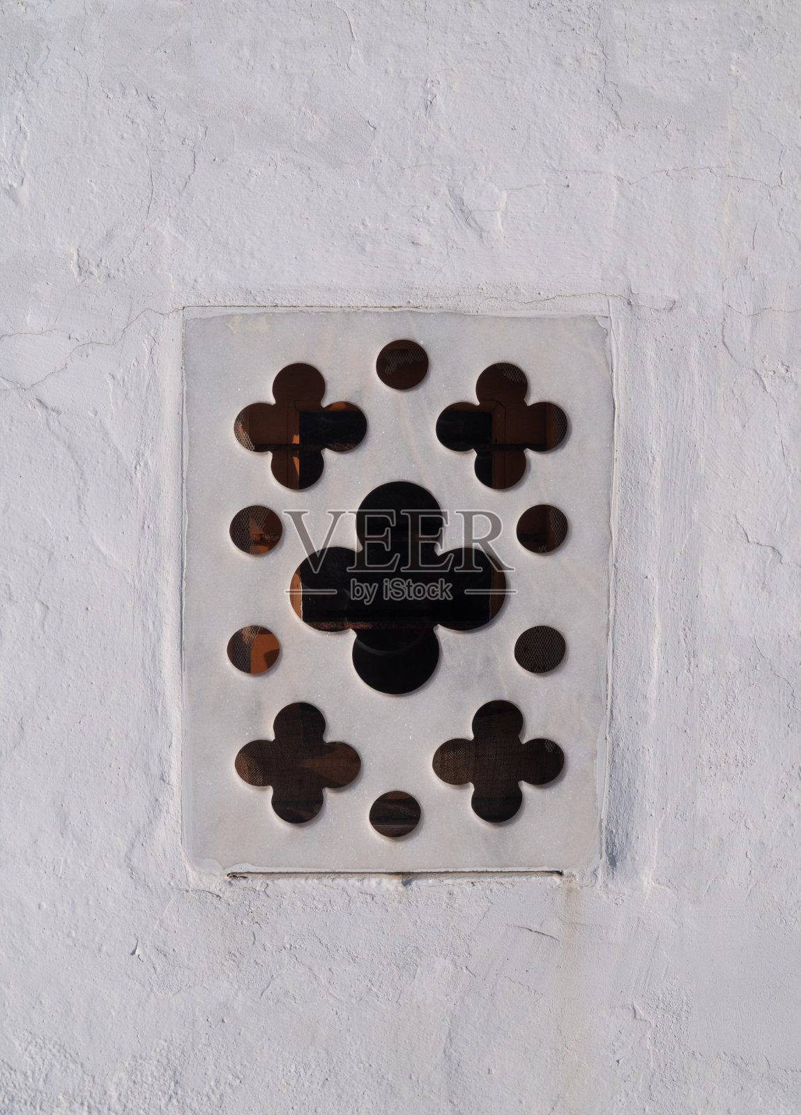 希腊米科诺斯岛圣波塔皮乌斯教堂大理石窗户的装饰装饰照片摄影图片