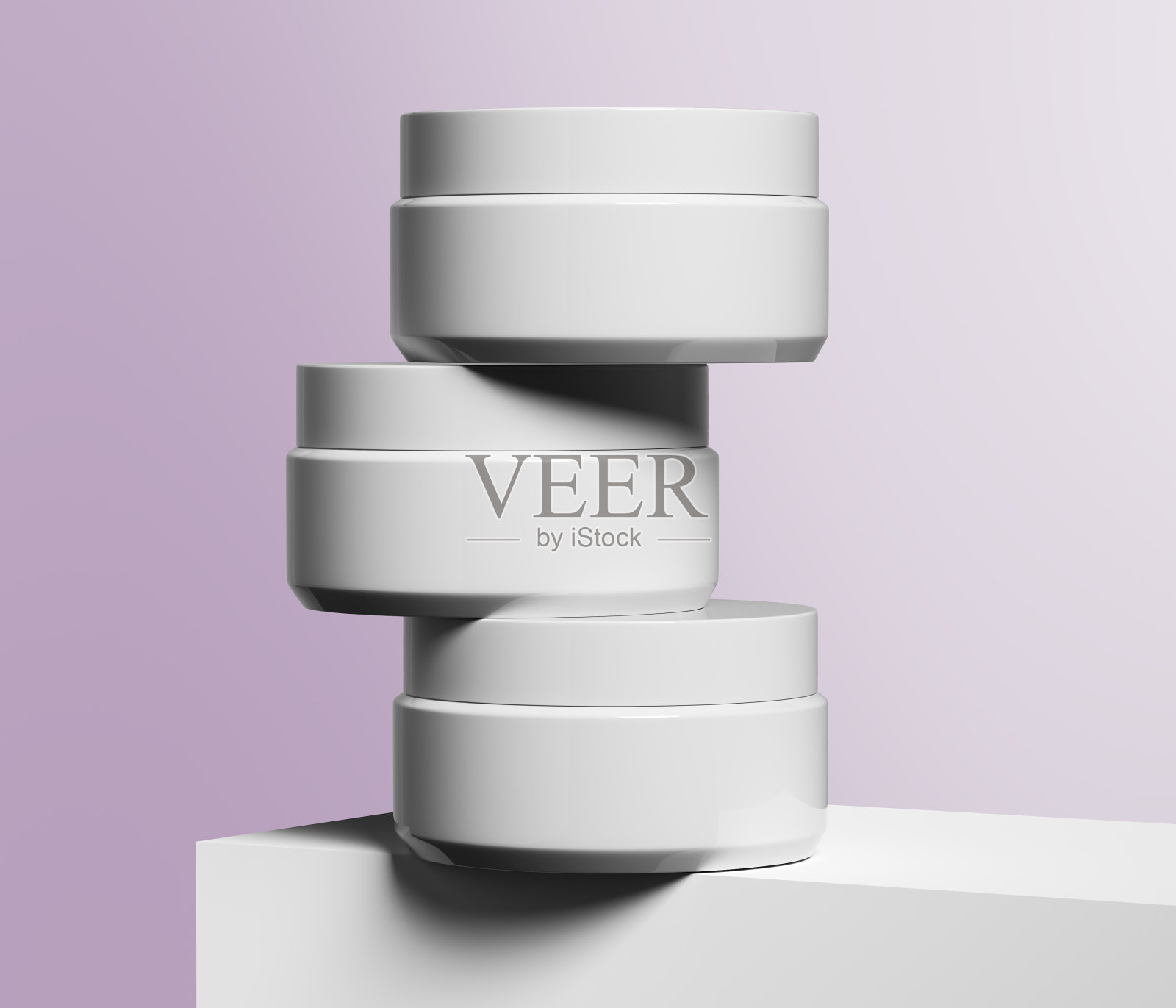 三个装化妆品的白色圆形塑料瓶。模型模板照片摄影图片