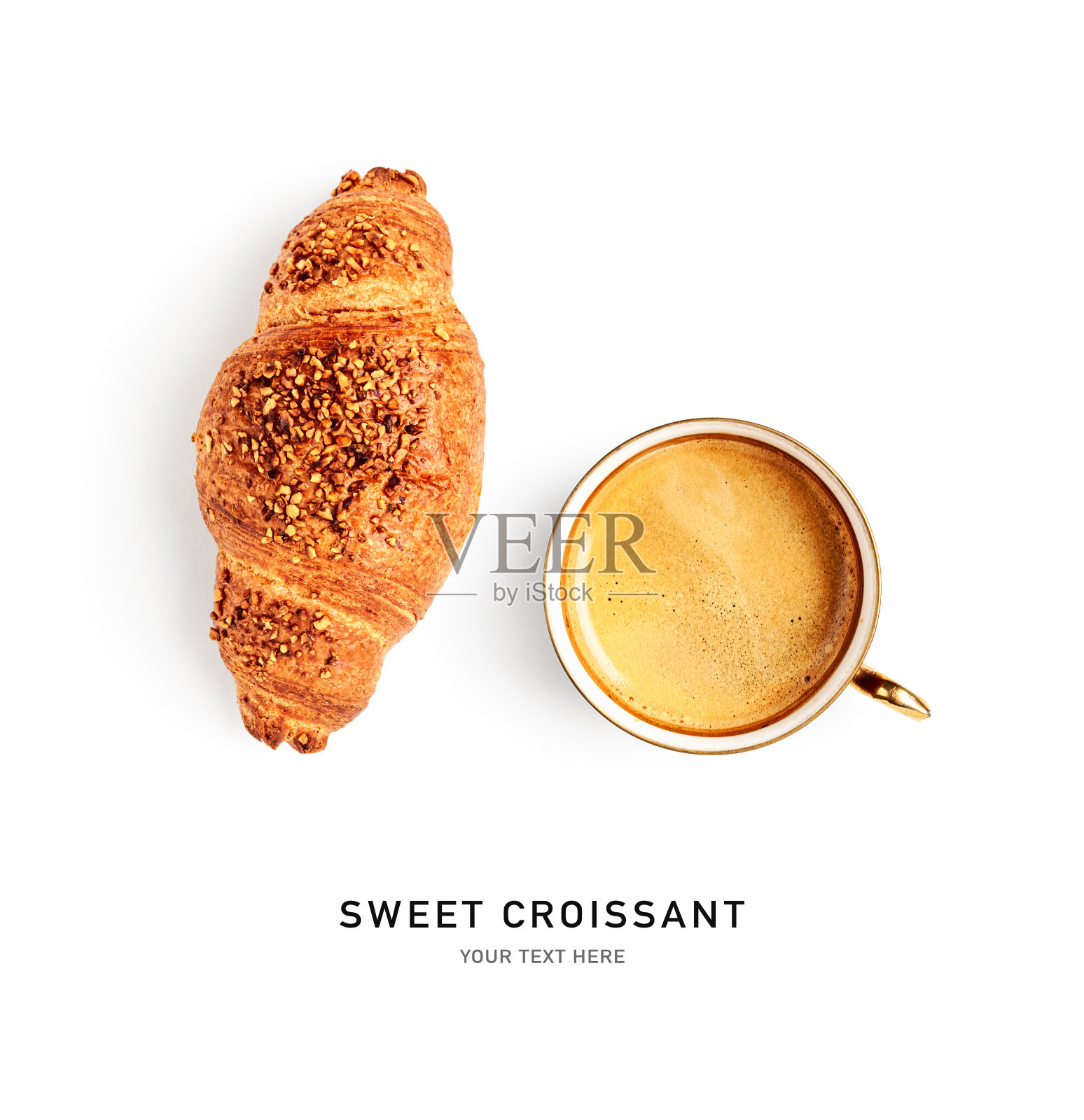 牛角面包与巧克力榛子奶油和咖啡杯隔离在白色照片摄影图片