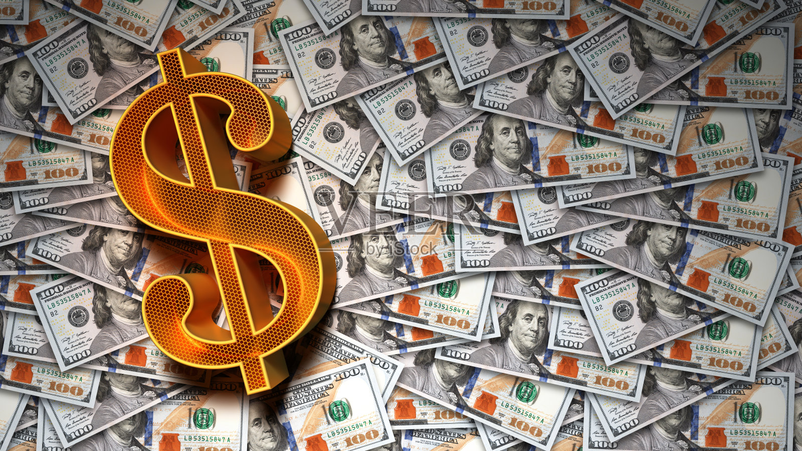 美国百元美钞背景上的金色美元符号照片摄影图片