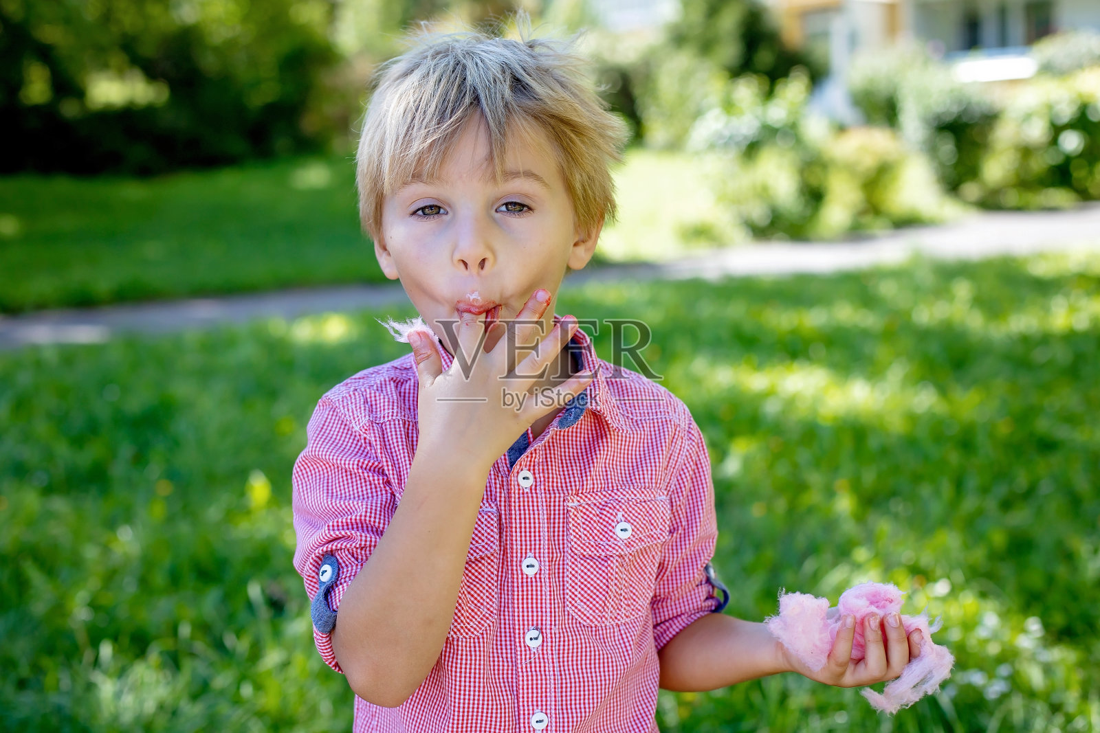 可爱的学龄前孩子，在公园里吃粉红色的糖糖棉花照片摄影图片