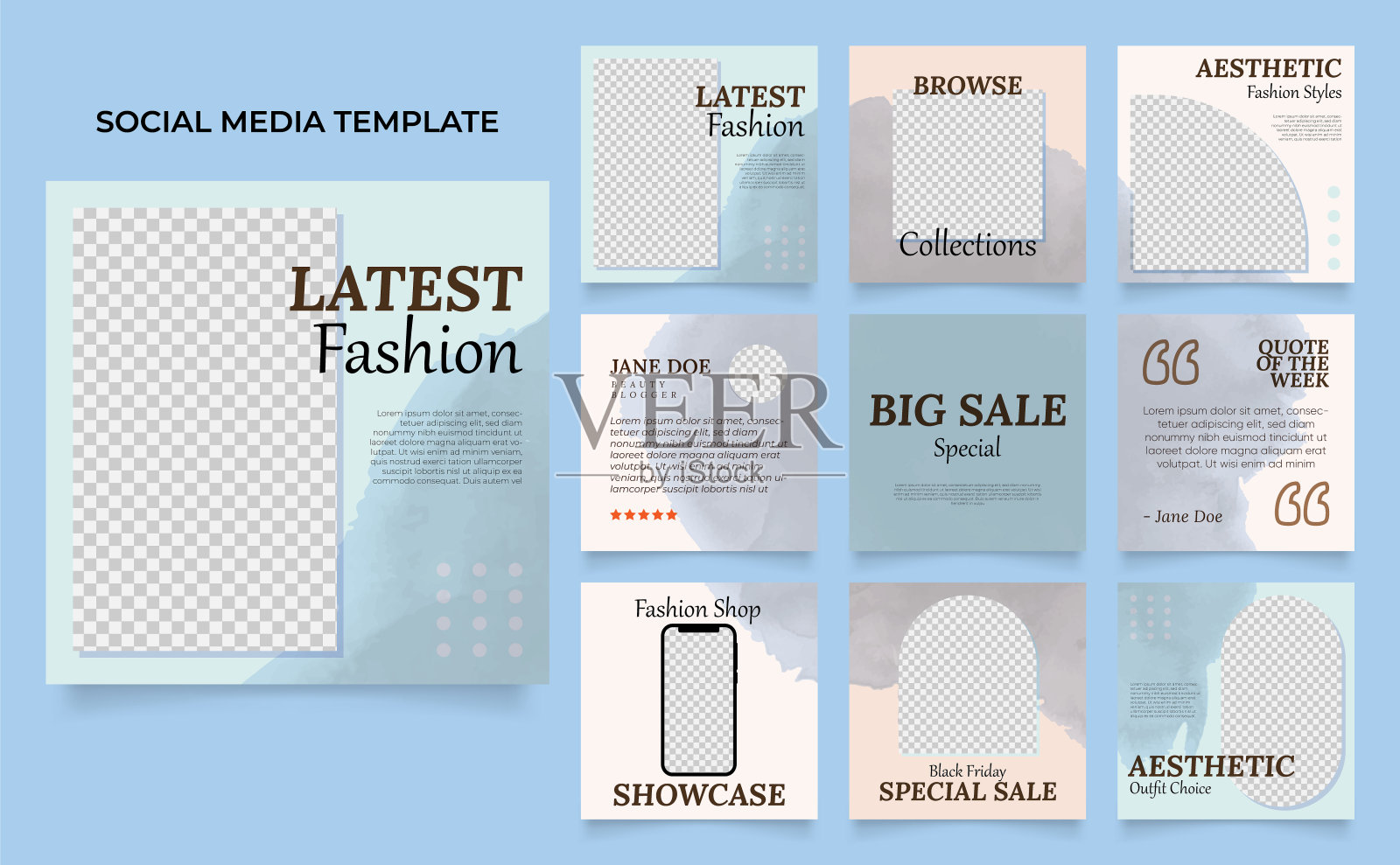 社交媒体模板横幅博客时尚促销。完全可编辑的方形柱框拼图有机销售海报。新鲜的黄色元素形状矢量背景插画图片素材