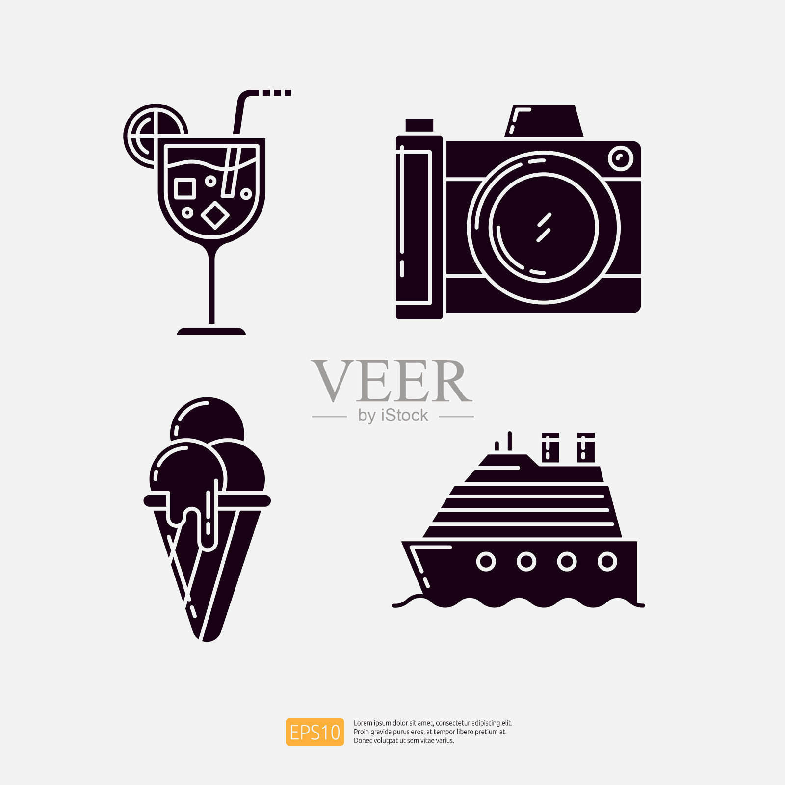 采购产品热带鸡尾酒汁，相机摄影，融化的冰淇淋甜筒，游艇。暑假固体字形图标矢量插图集插画图片素材