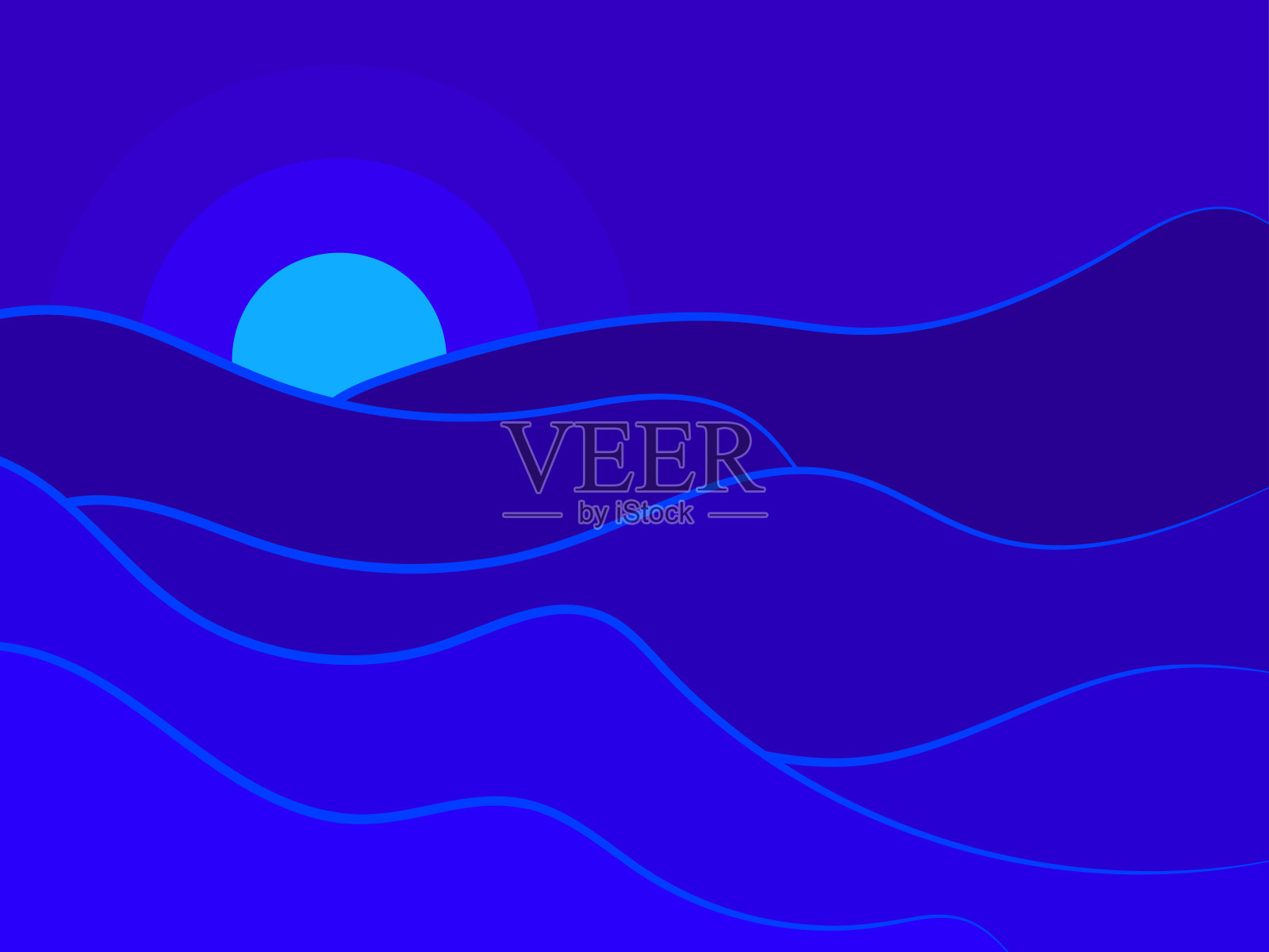 夜晚波浪形的风景配上极简主义风格的月亮。沙漠景观与蓝色的轮廓。设计印刷横幅，海报，书籍封面。矢量图插画图片素材