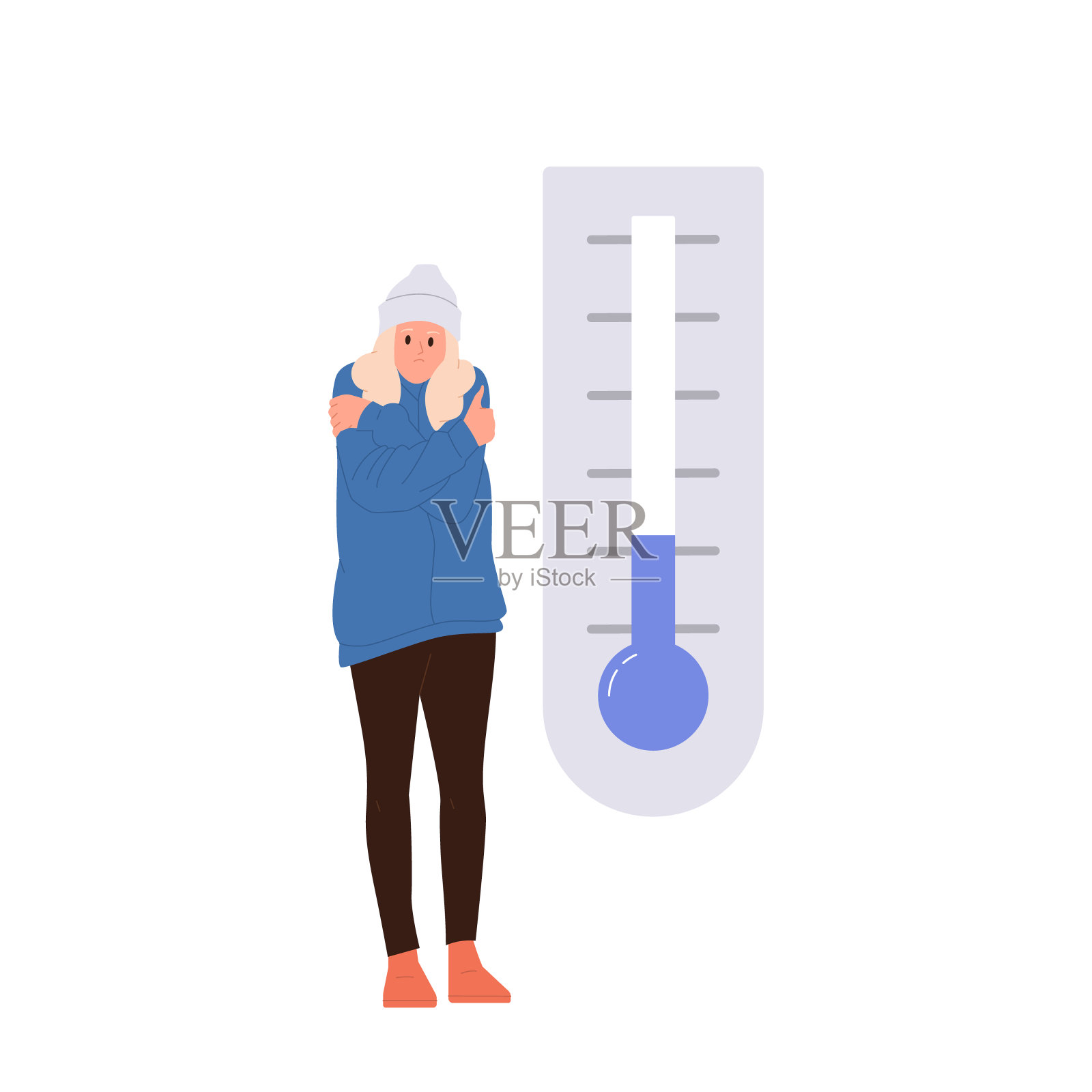 年轻的卡通人物女子穿着保暖的衣服，感觉寒冷的温度计附近插画图片素材