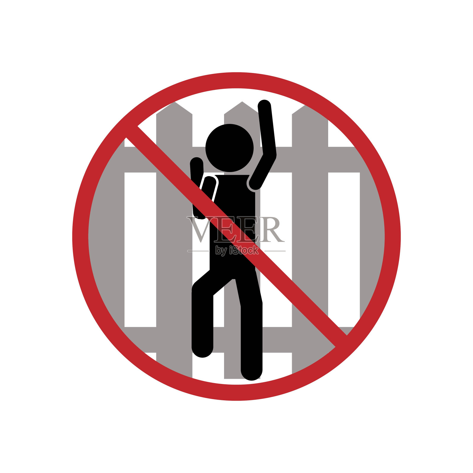 单独的黑色象形文字标签，禁止攀爬大门或围栏，并附有男子攀爬围栏的插图和红色圆形划线标志，以确保安全，避免伤害插画图片素材