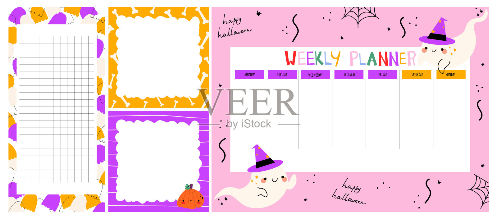 一套每周计划与可爱的鬼。万圣节快乐。孩子们的课程表。插画图片素材