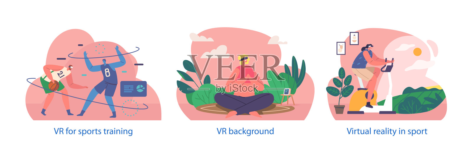 具有个性的孤立矢量元素参与虚拟现实运动，将数字技术与体育活动相结合插画图片素材