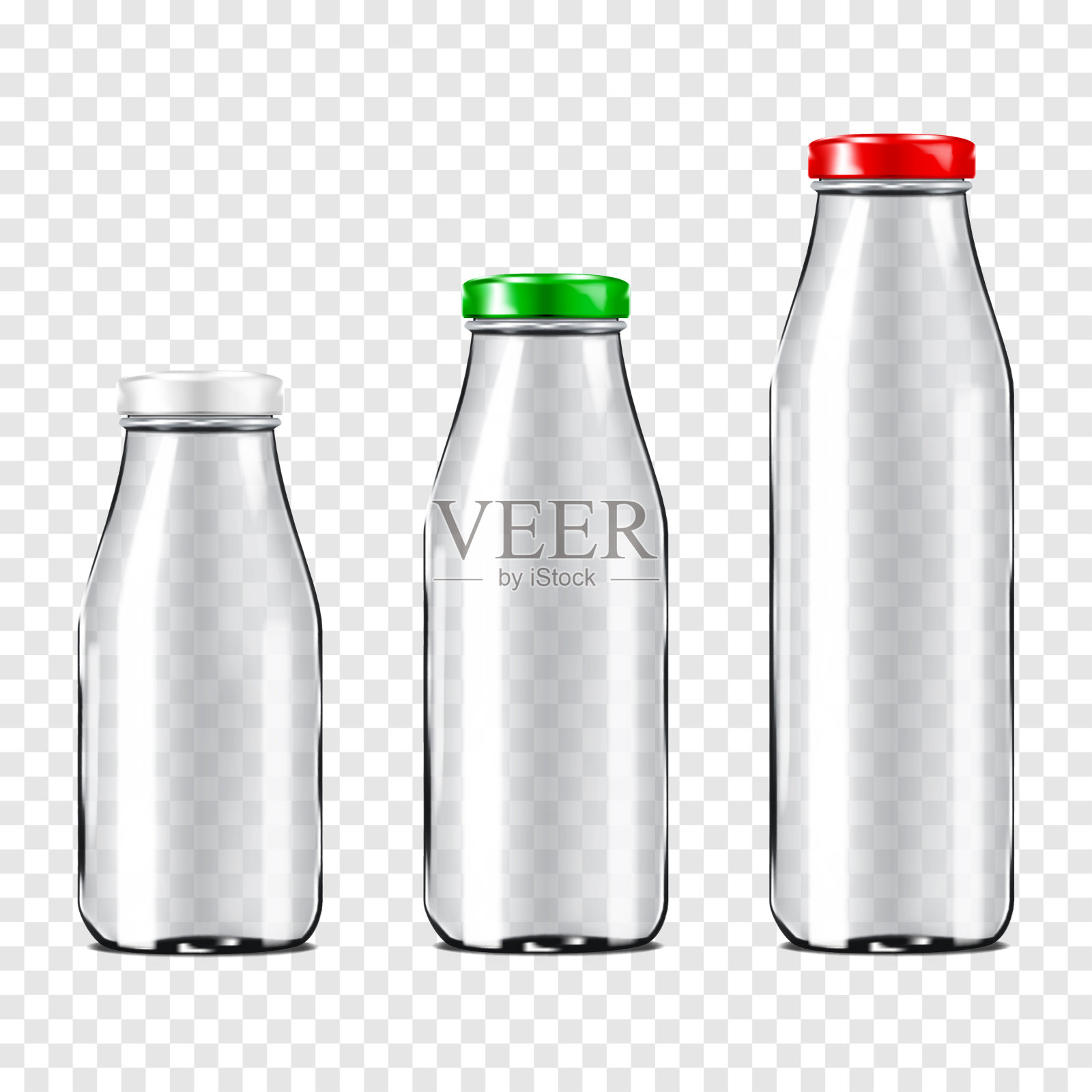 透明背景上有金属螺旋盖的透明空玻璃瓶。各种尺寸的现实矢量模型集。牛奶，果汁或其他饮料包装模型工具包插画图片素材