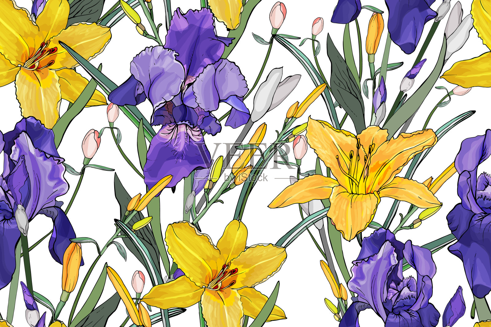 花卉无缝图案，紫色鸢尾，黄色百合花，绿叶插画图片素材