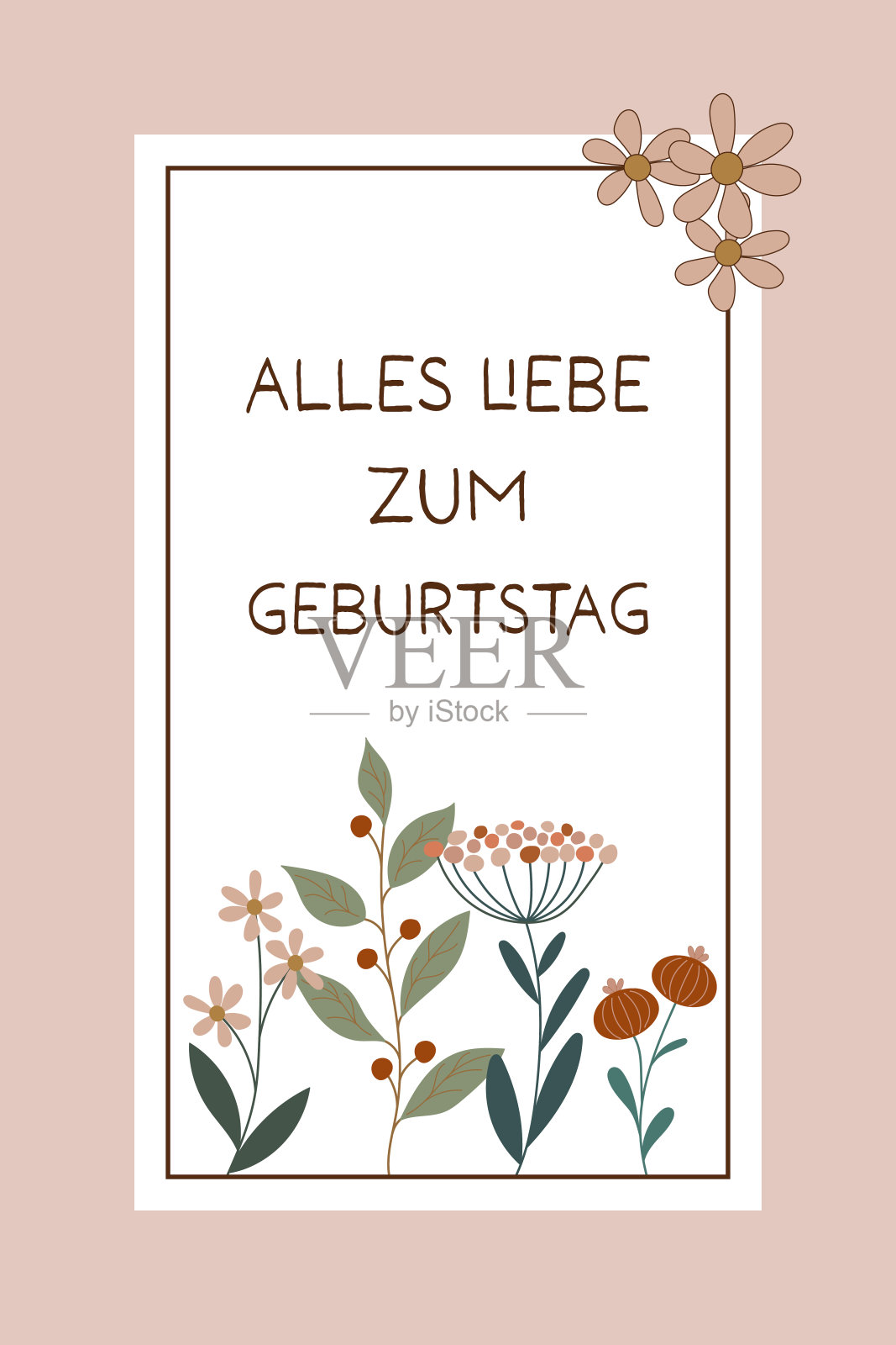 德语文本-生日快乐。贺卡上有美丽的花朵和玫瑰色的边框。插画图片素材