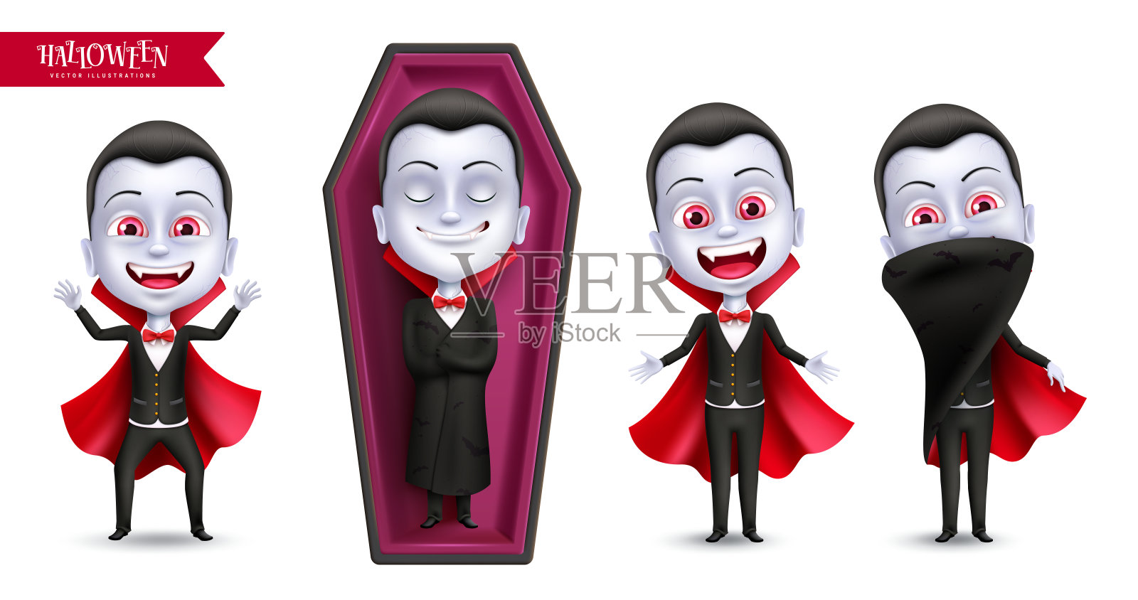 万圣节德古拉字符矢量集设计。万圣节吸血鬼角色穿着斗篷和长袍睡在棺材里插画图片素材