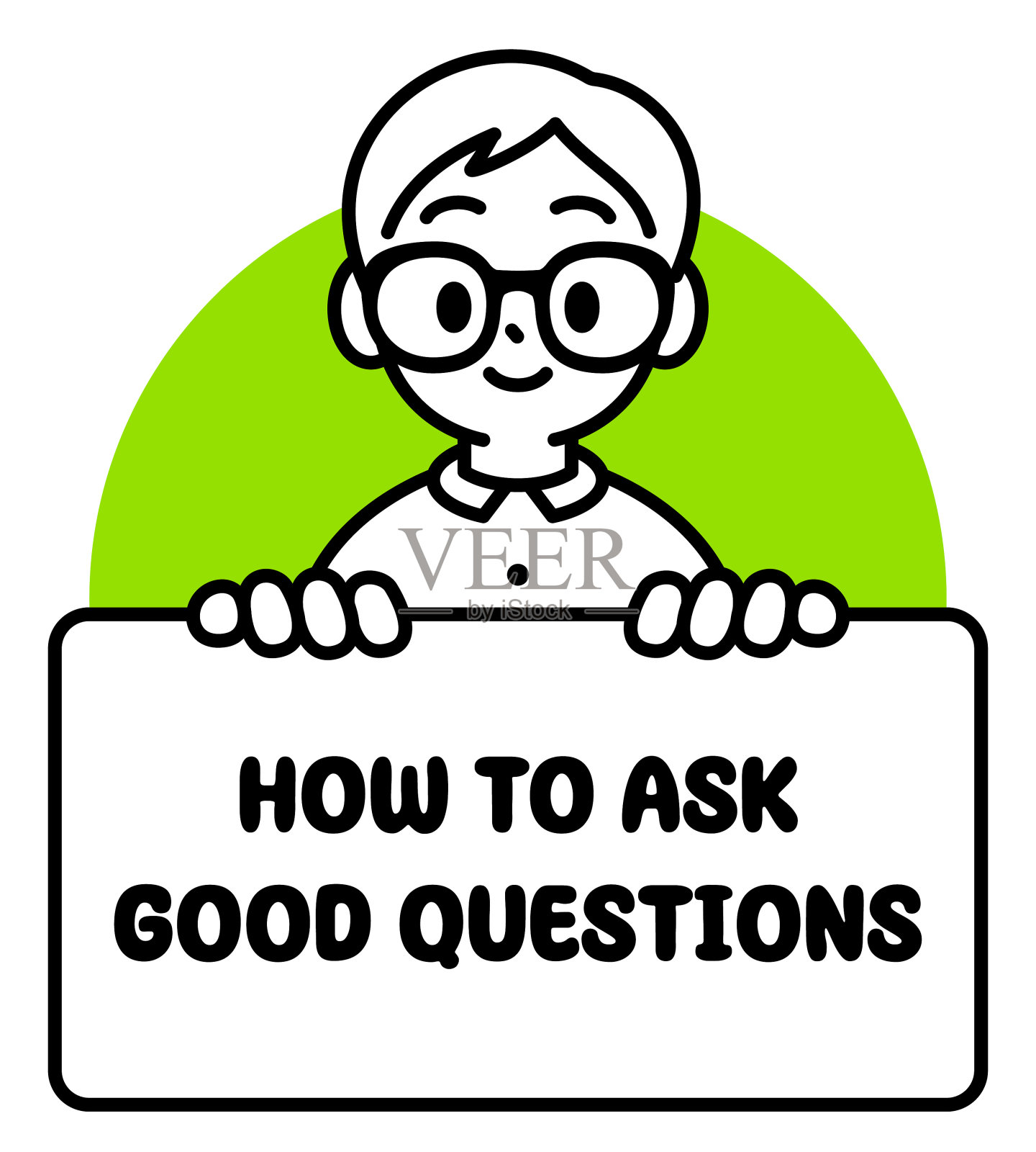 一个戴着牛角框眼镜的好学男孩正举着空白的牌子问问题，看着观众，极简风格，黑白轮廓，《学习的画布》插画图片素材