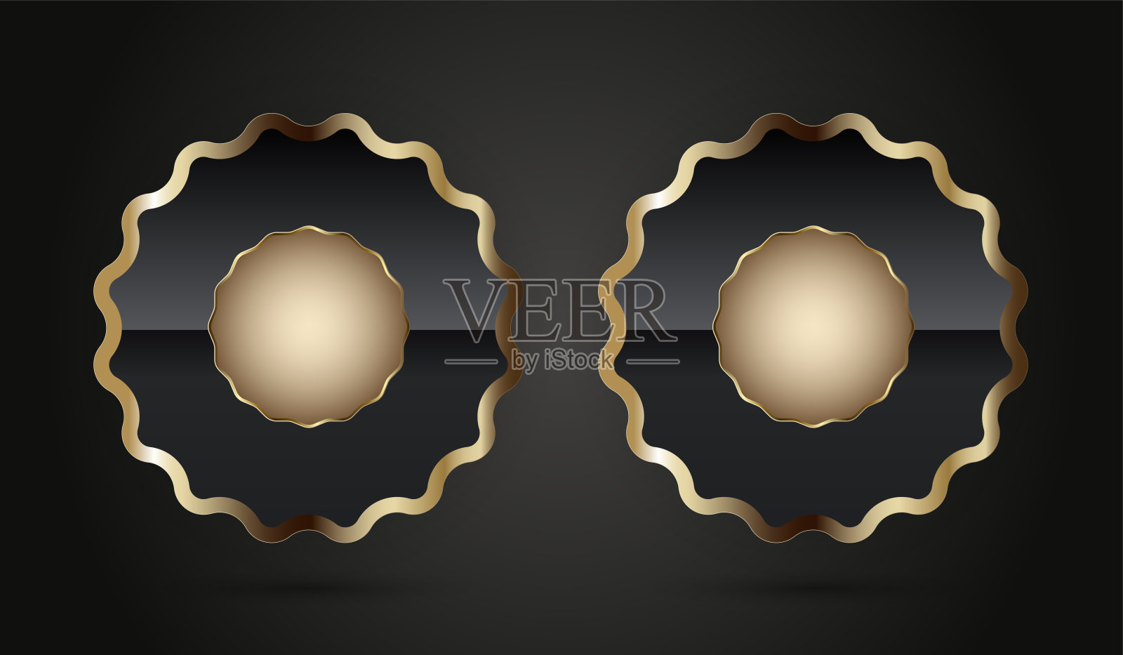 组两个优质的徽章按钮设计，和2个豪华圆形UI按钮在黑暗的背景插画图片素材