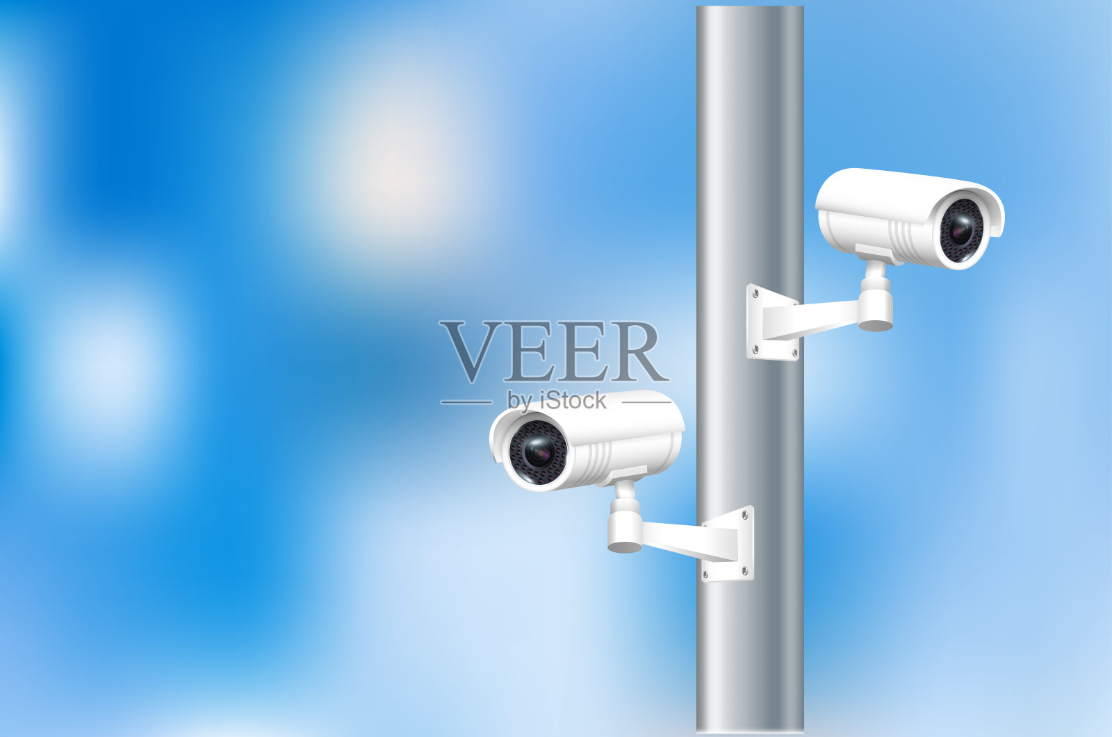 闭路电视摄像机在散焦背景上的特写。智能家居、公司安防监控系统。向量插画图片素材