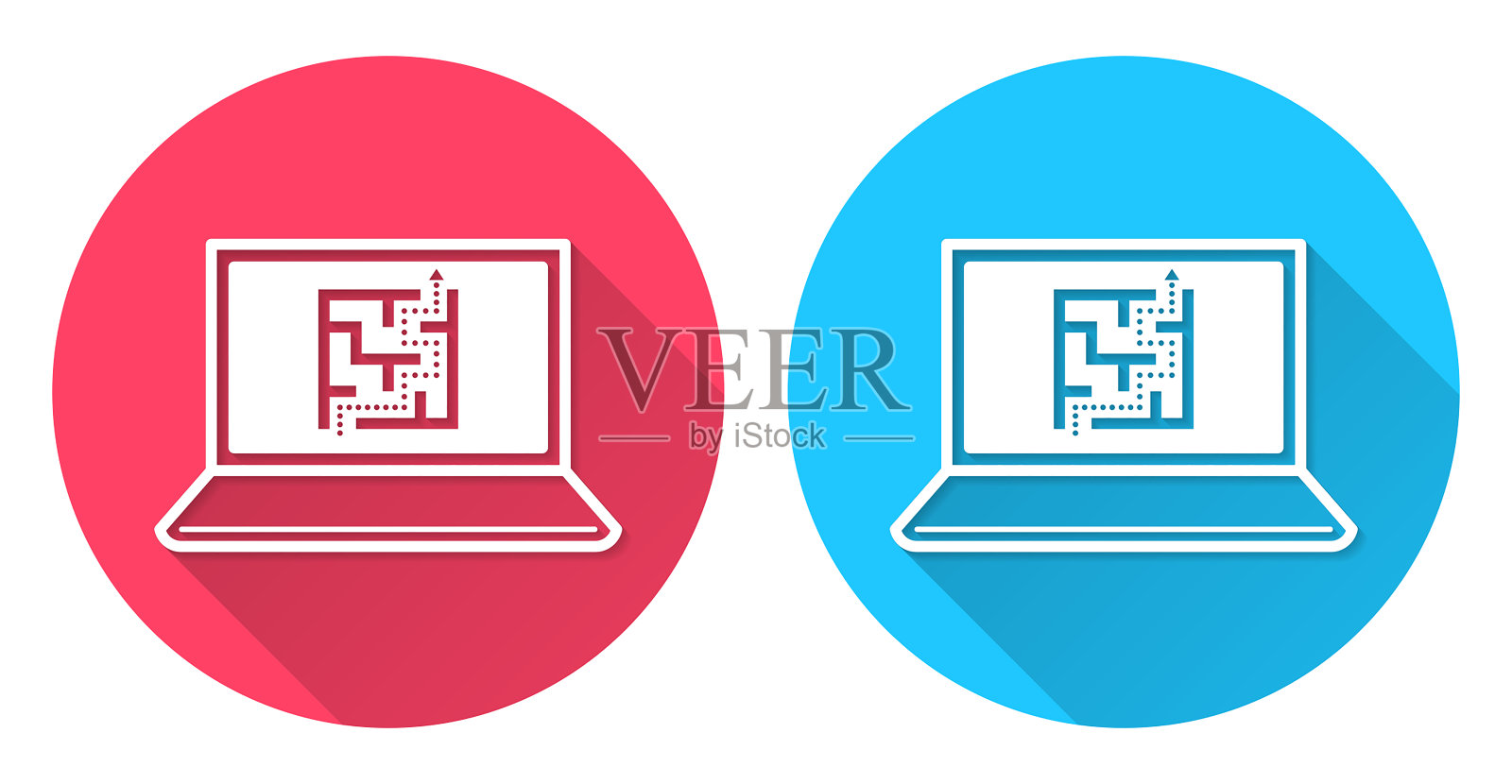 带迷宫的笔记本电脑。圆形图标与长阴影在红色或蓝色的背景图标素材