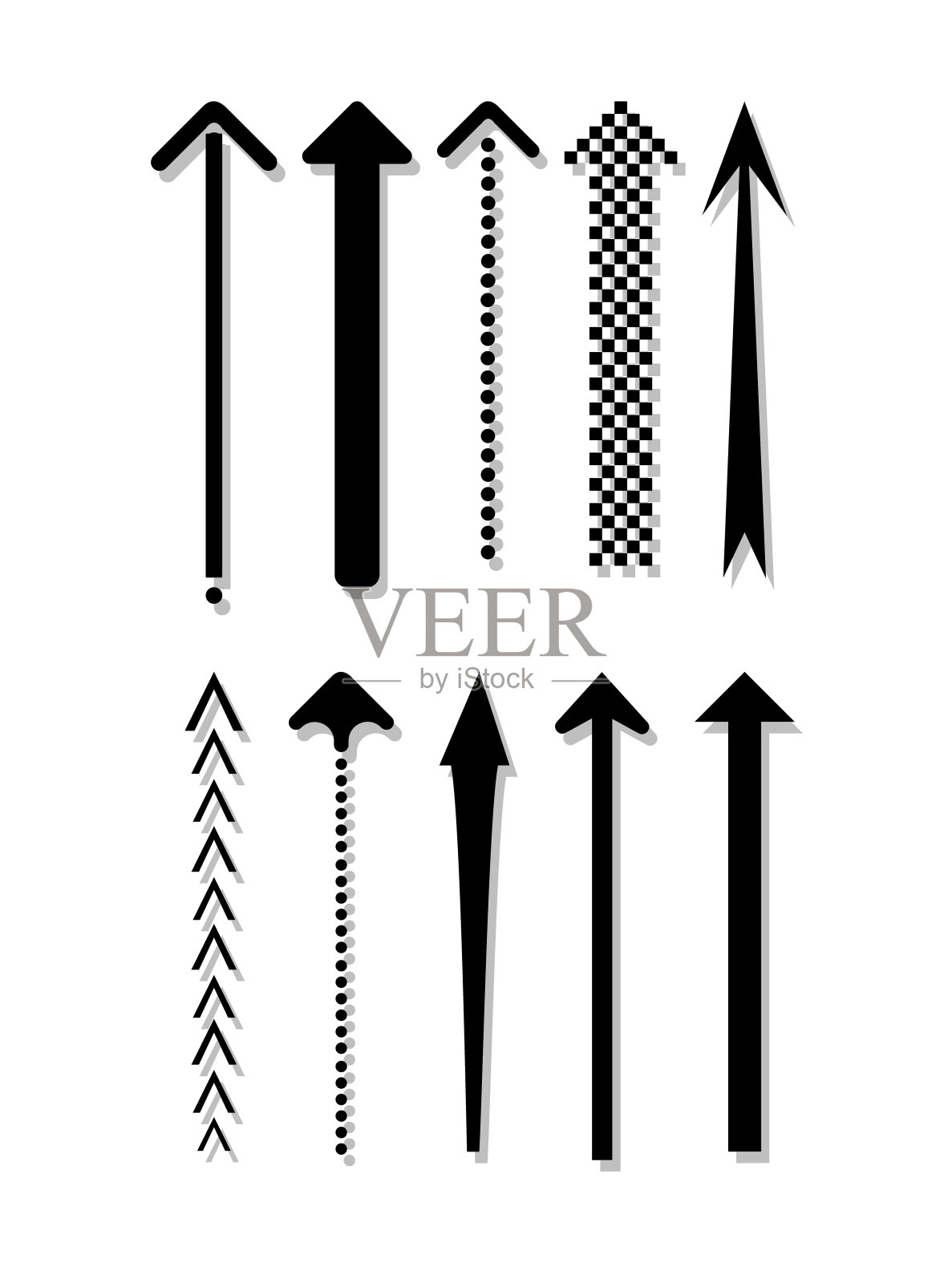 一组指向上方的黑色箭头。箭头形状的元素。向量插画图片素材