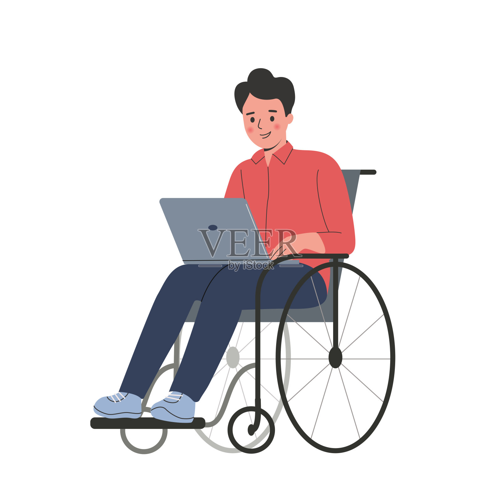 坐在轮椅上摆弄电脑的年轻人插画图片素材
