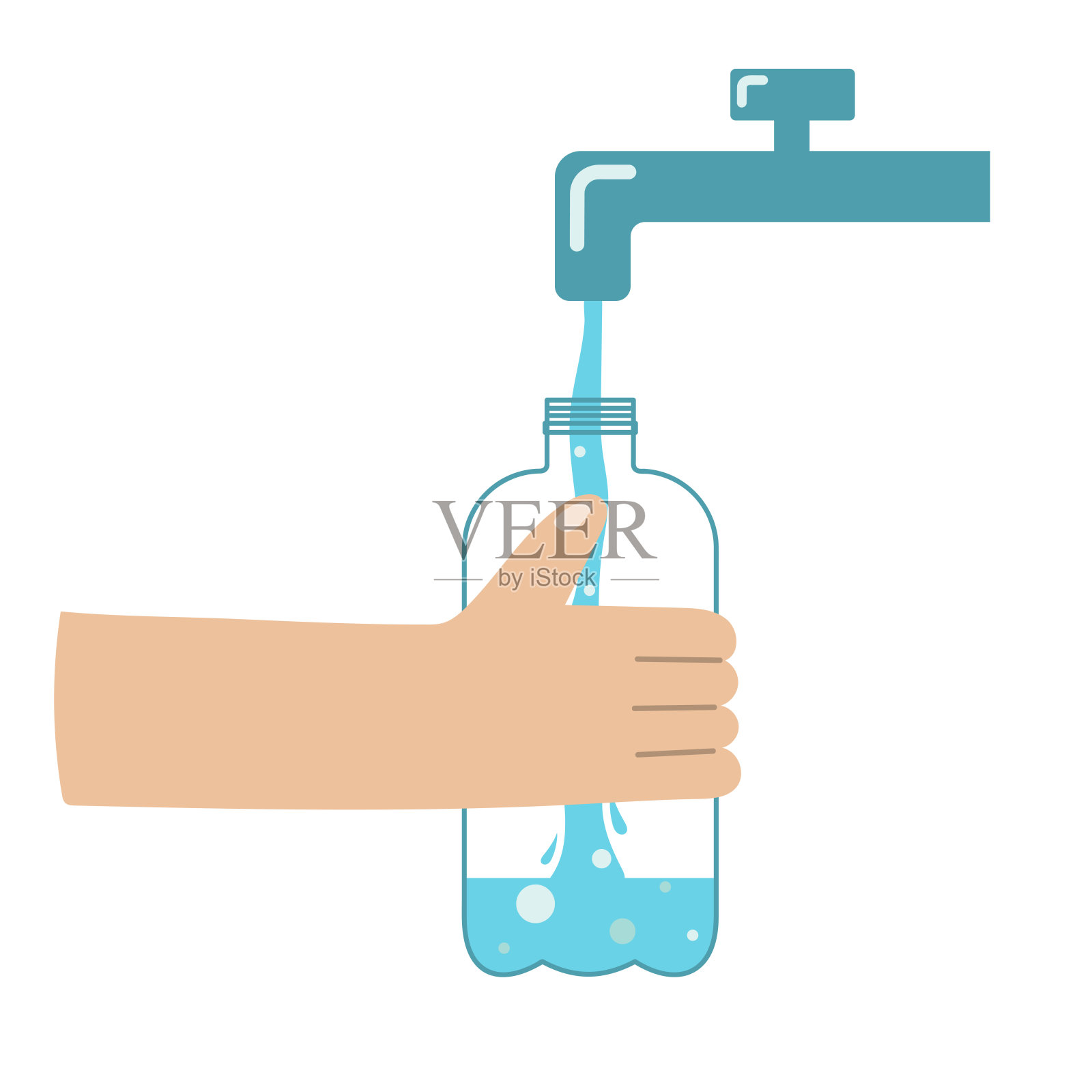 人手拿着塑料瓶收集自来水。插画图片素材