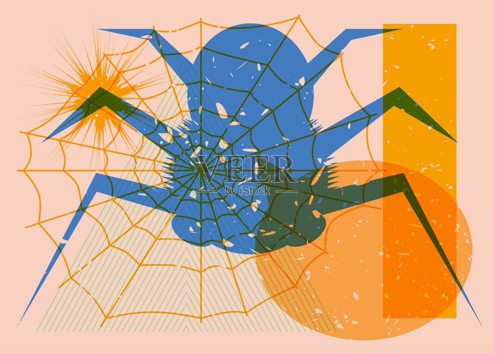 蜘蛛和蜘蛛网与语音气泡和几何形状。对象在时尚的riso图形设计万圣节。几何元素抽象risograph打印纹理风格。插画图片素材