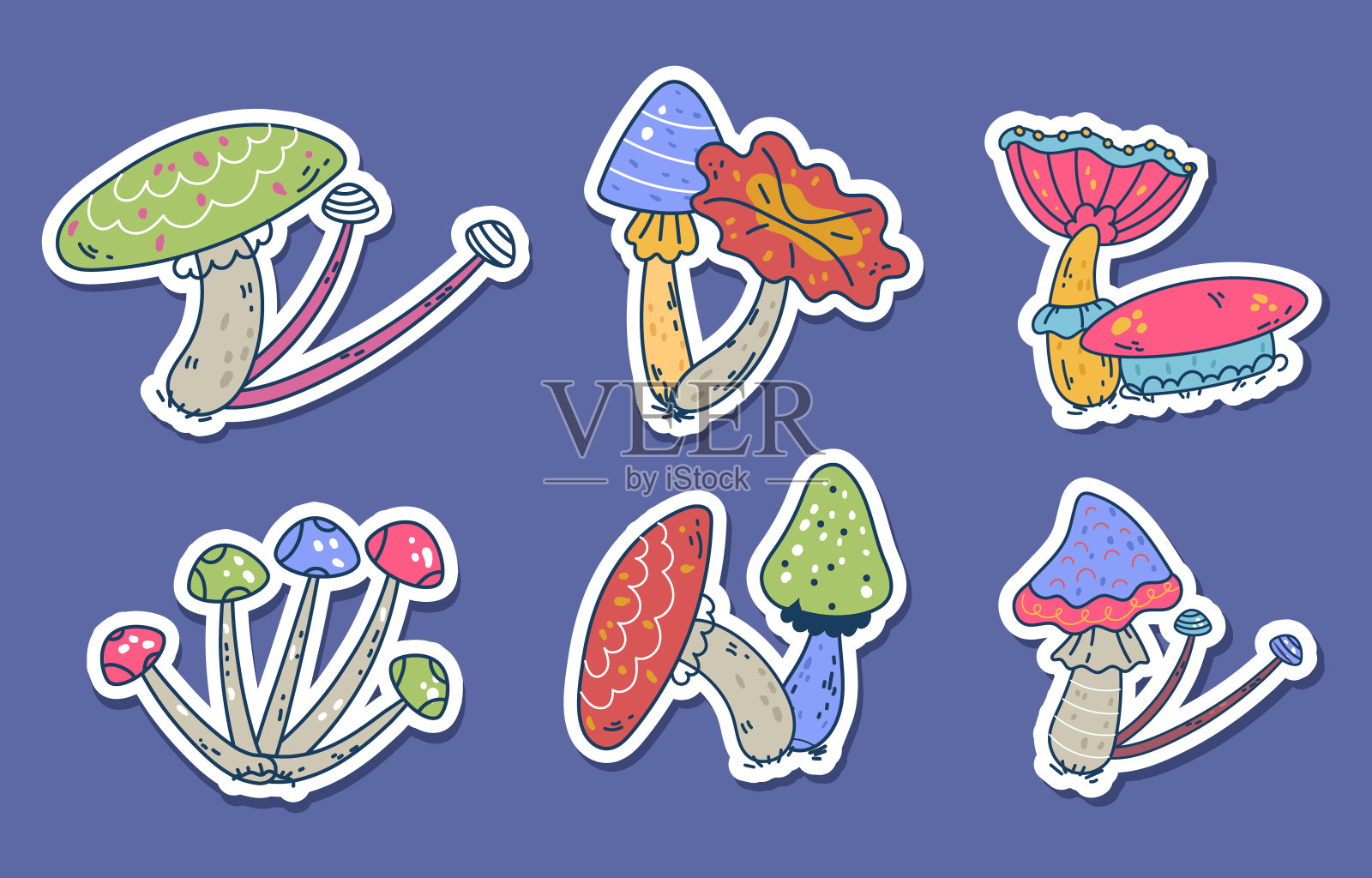 复古蘑菇复古迷幻groovy贴纸孤立集。矢量平面图形设计插图插画图片素材