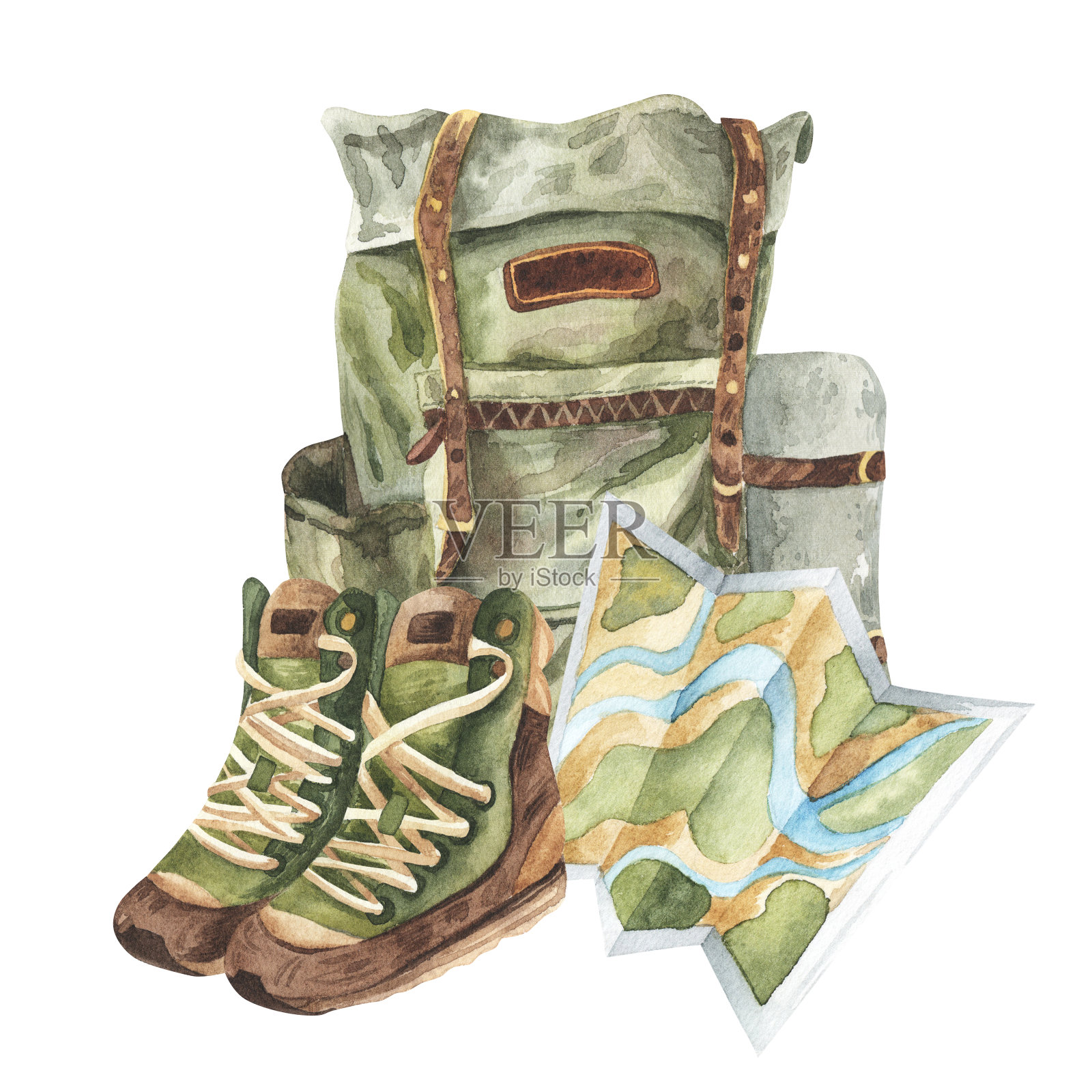 绿色复古背包和带地图的登山靴。手绘水彩插图孤立的白色背景。露营、旅游、远足的概念。用于贴纸，设计，网页插画图片素材