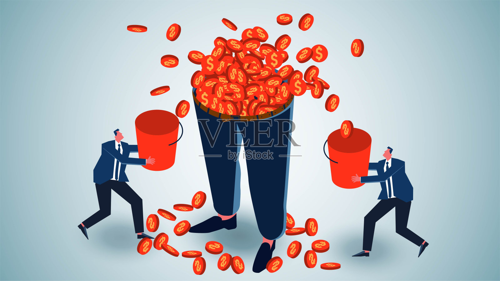通货膨胀，膨胀的裤子，金融危机，众筹，生存困难，装满裤子的金币散落，商人拿着水桶去捡插画图片素材