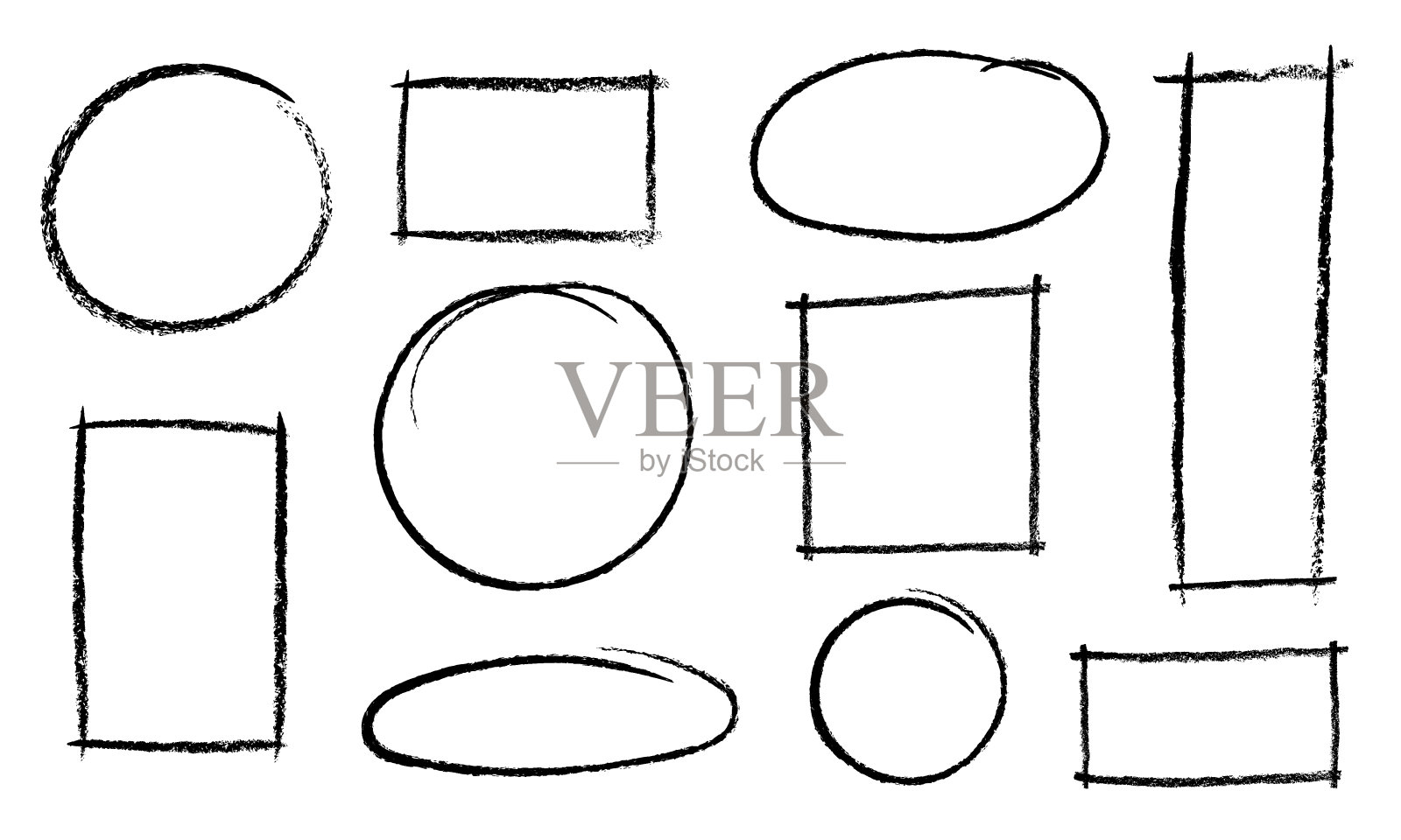 手绘垃圾圆形，椭圆形，方形，矩形形状。涂鸦轮廓框架与蜡笔或铅笔纹理。涂鸦元素的消息，笔记标签，矢量插图插画图片素材