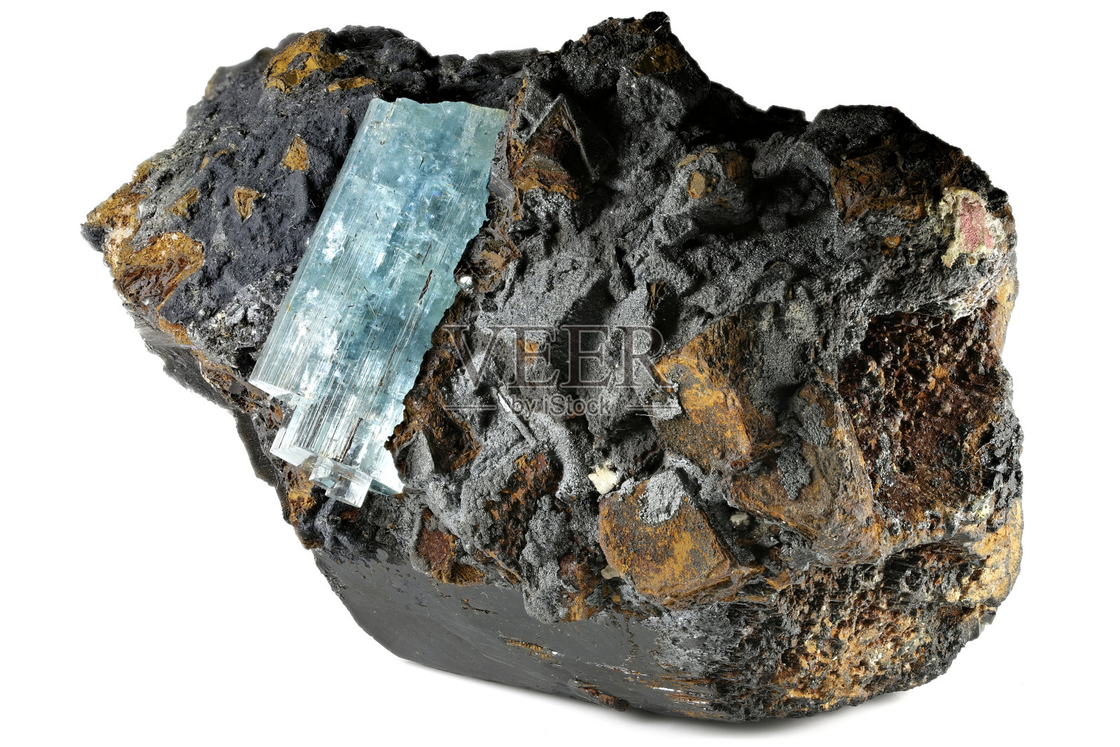 海蓝宝石晶体和黑色碧玺，产自纳米比亚埃隆戈照片摄影图片