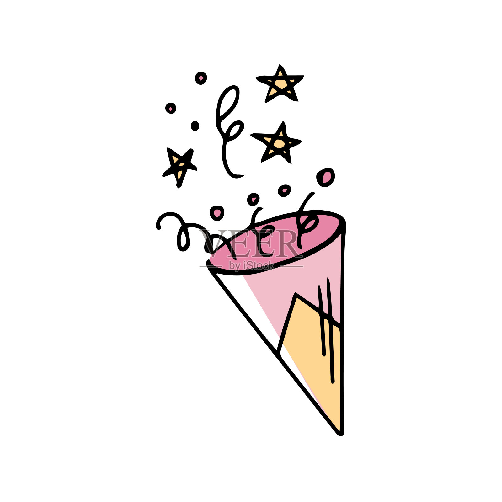 在白色背景上的涂鸦风格的生日或新年的节日爆竹与飞行五彩纸屑。节日的概念。手绘矢量彩色轮廓图标。插画图片素材