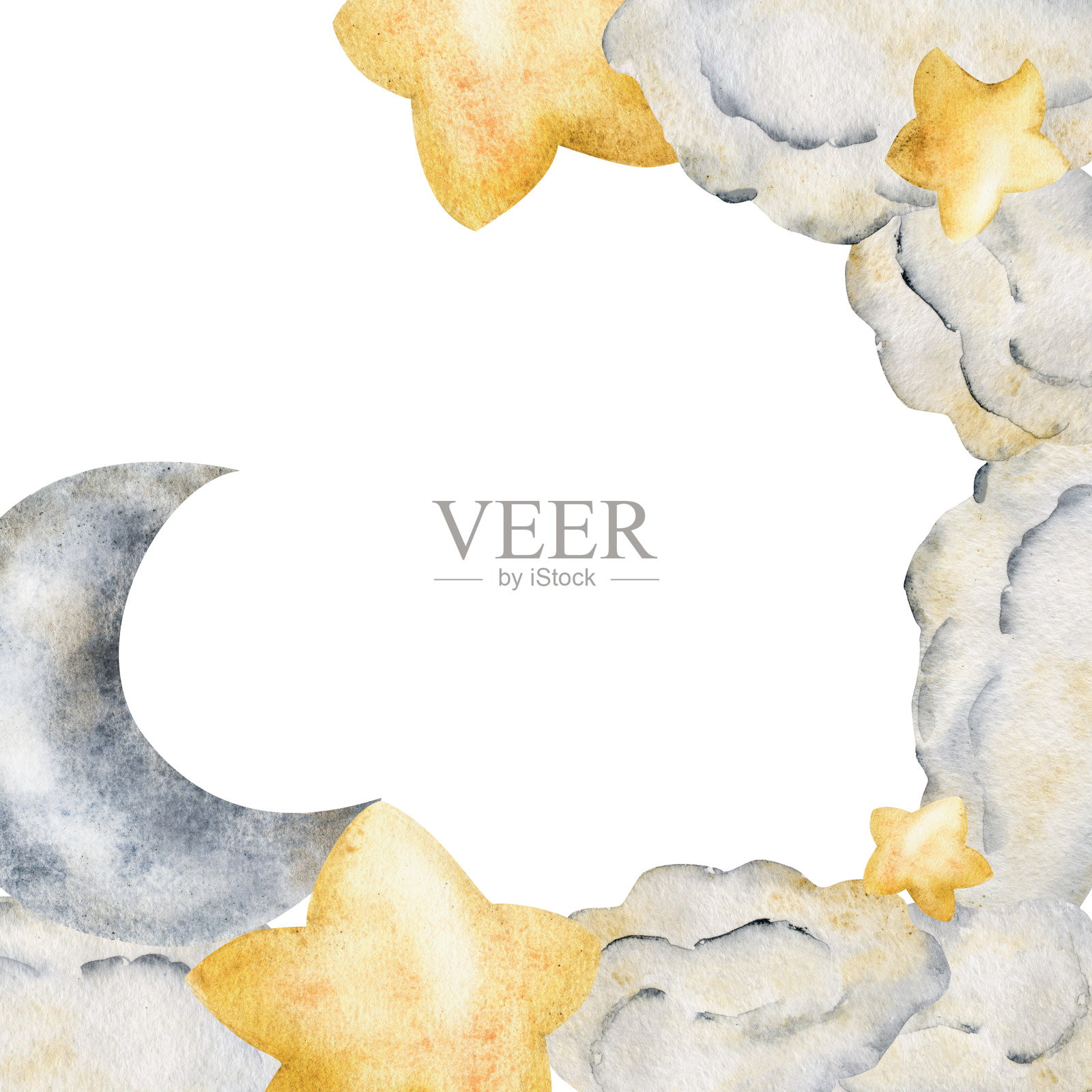 水彩手绘插画，神奇的宇宙宇宙物品，月亮，星星，天空中的云。边界框架孤立在白色背景上。变形的效果。儿童，儿童卧室，织物，亚麻印花插画图片素材