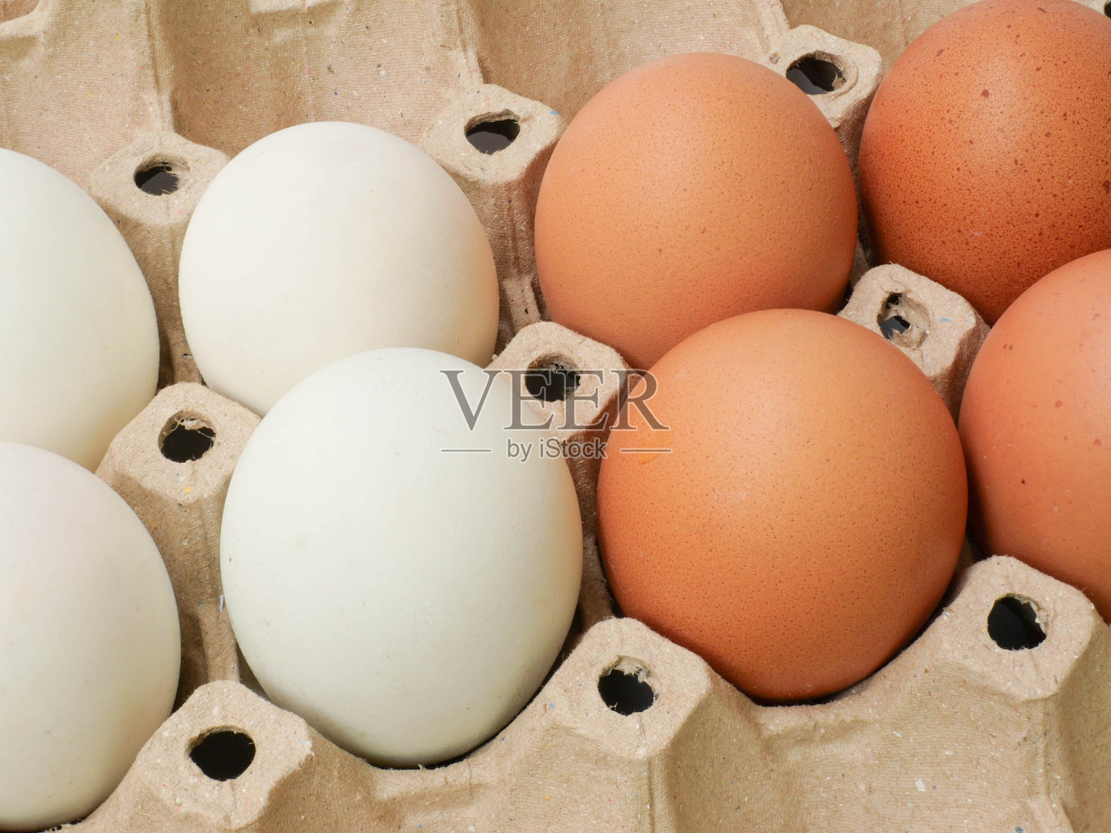 纸箱里的鸭蛋和鸡蛋特写。照片摄影图片