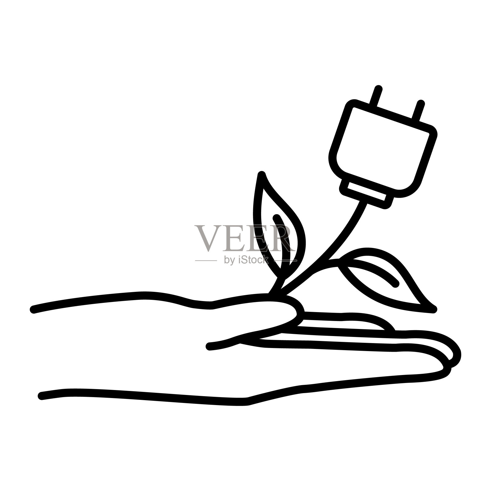 可再生绿色能源。生产可持续电力。未来科技图标与保护生态绿色概念矢量插图大纲。碳排放净零中性插画图片素材