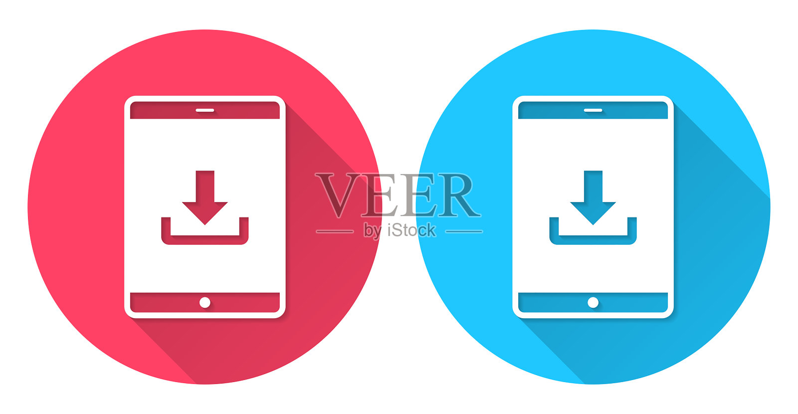 在平板电脑上下载。圆形图标与长阴影在红色或蓝色的背景插画图片素材