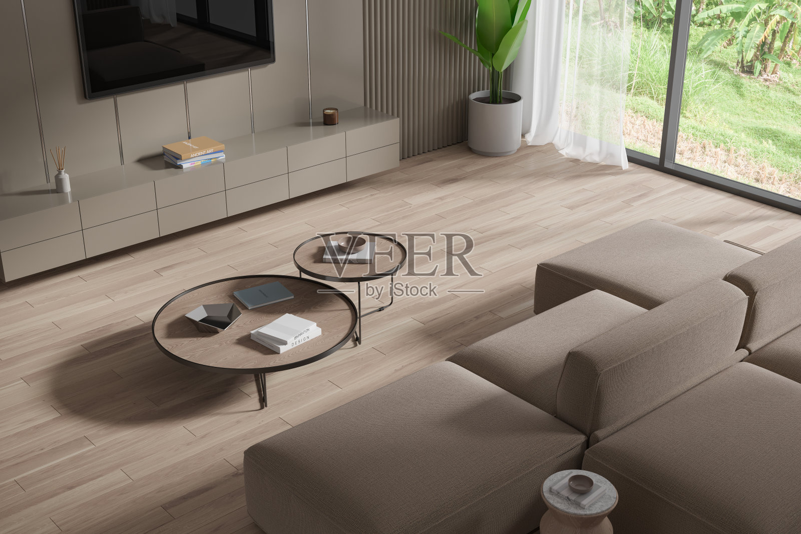 米色客厅内饰，沙发和电视，顶景照片摄影图片